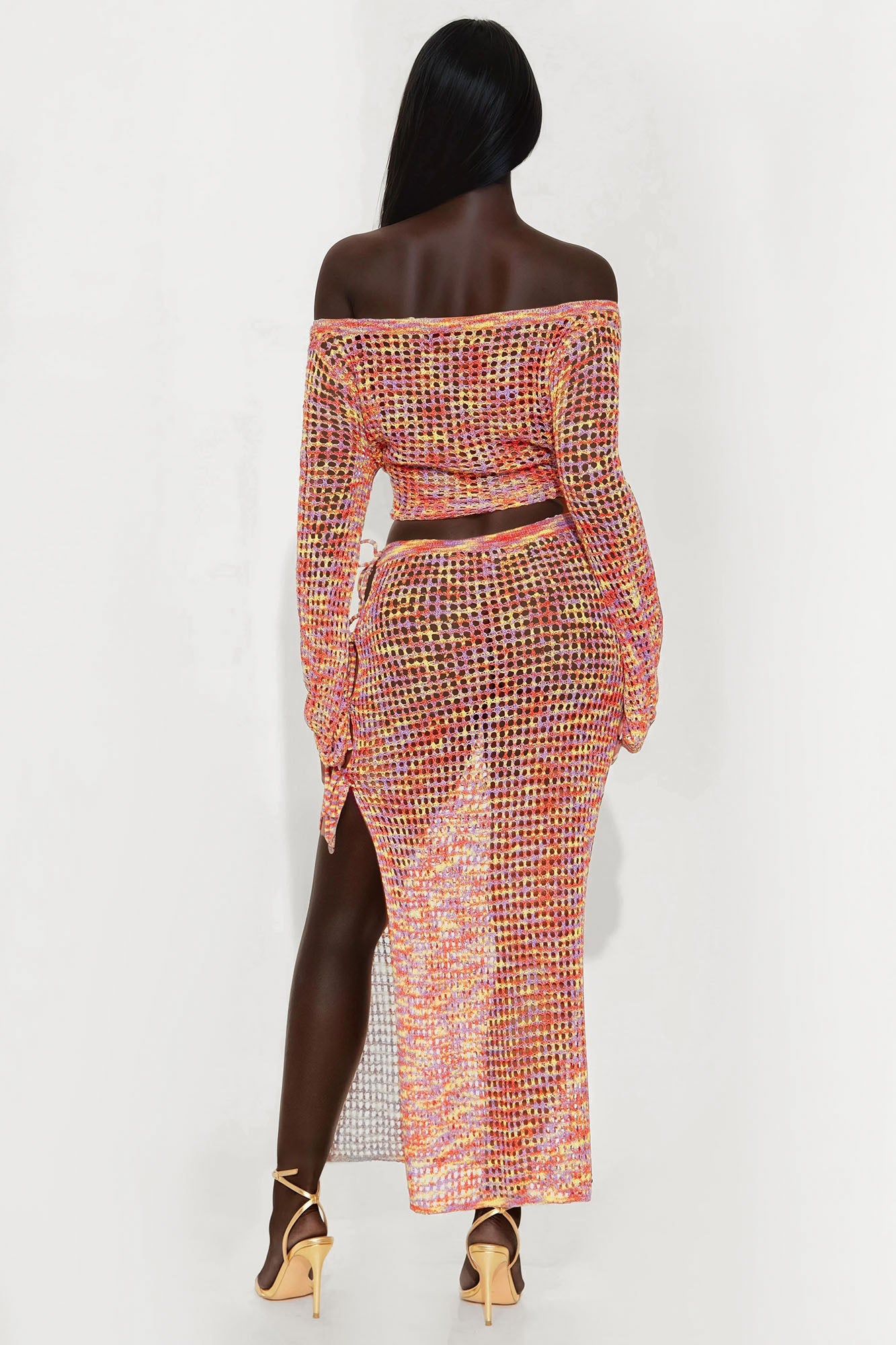 Riley Crochet Off Shoulder Maxi Skirt Set - Orange/combo - Image 3