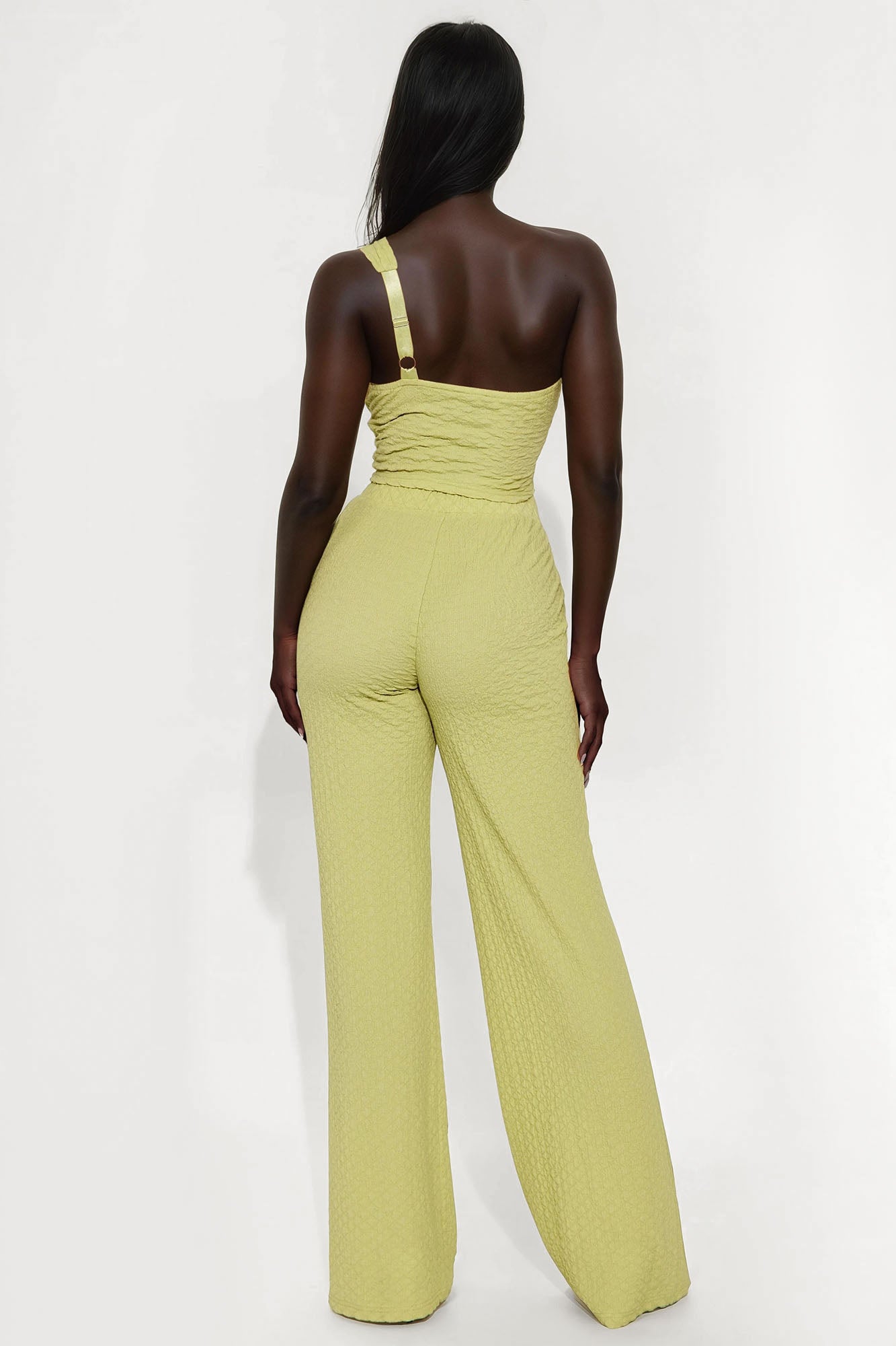Aza One Shoulder Textured Flare Pant Set - Chartreuse - Image 3