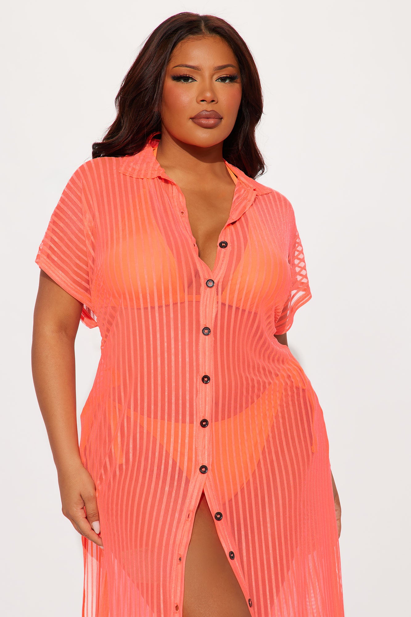Palm Shade Stripe Midi Button Up Cover Up - Orange - Image 5