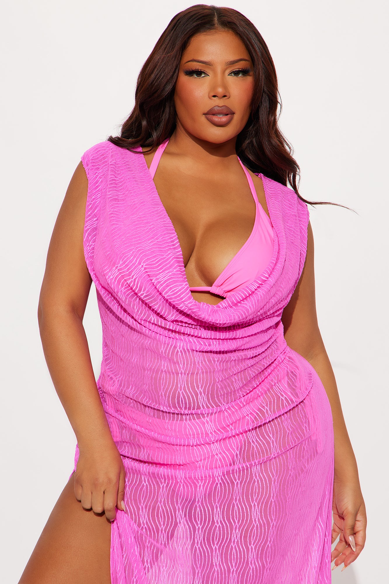Summer Wave Textured Mesh Cowl Neck Cover Up Maxi Dress - Pink - Image 5