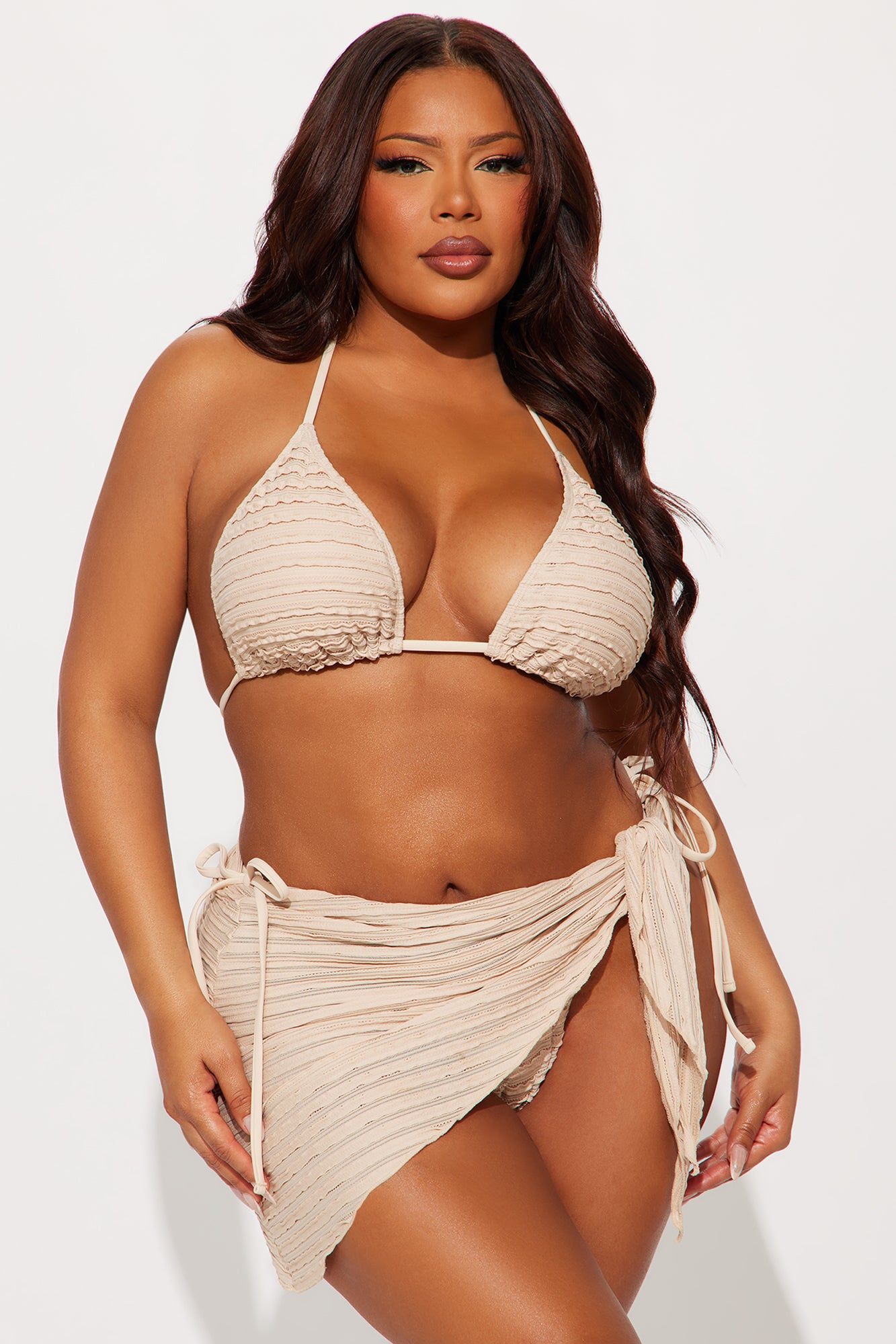 Coconut Island Textured 3 Piece Bikini Sarong Set - Tan - Image 6