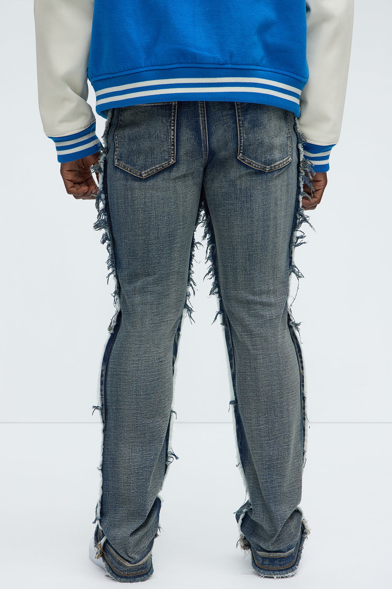 Diagonal Frayed Stacked Skinny Flare Jeans - Dark Wash - Image 4