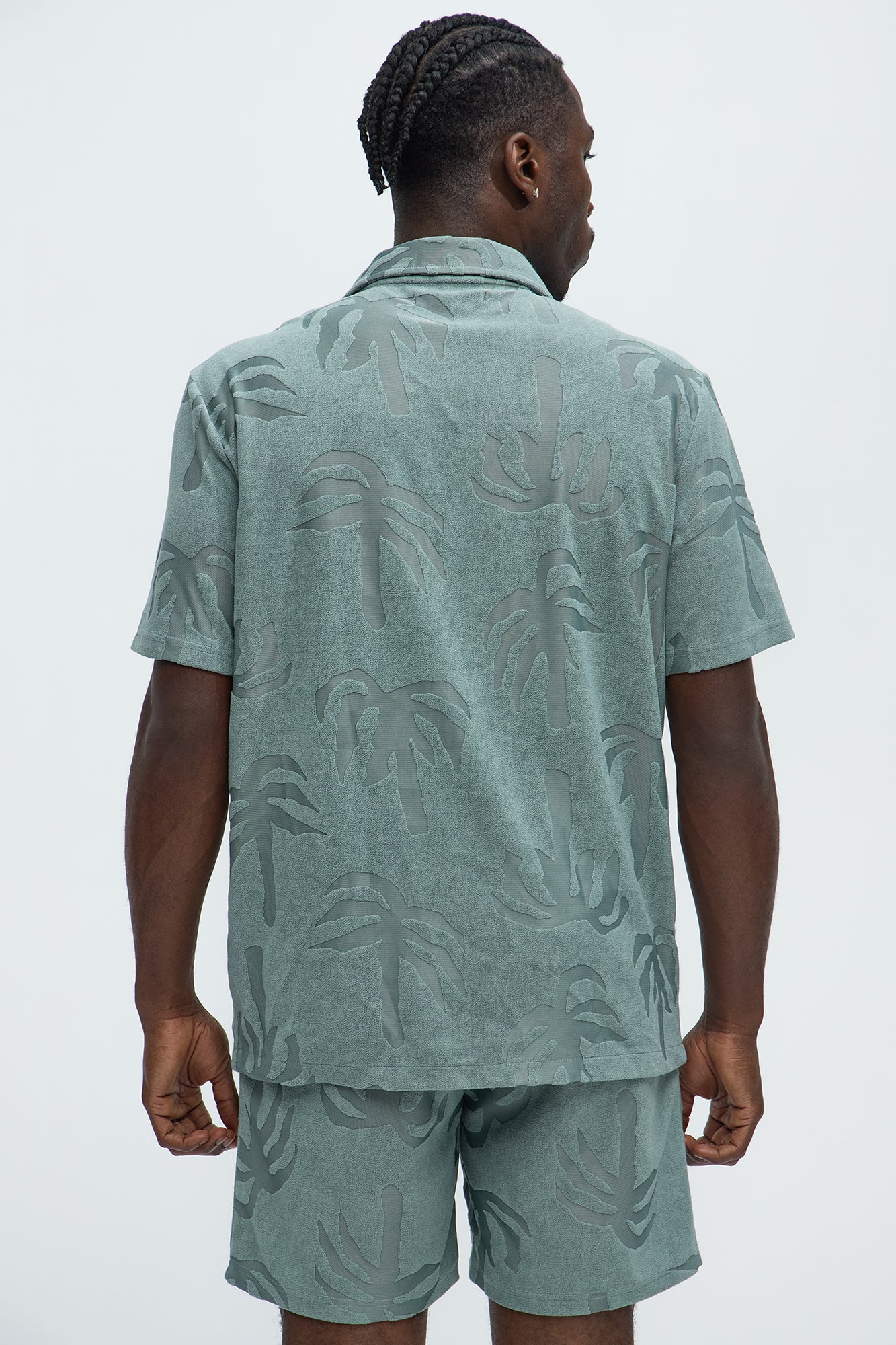 Tropical Trees Jacquard Cuban Button Down Shirts  - Sage - Image 3