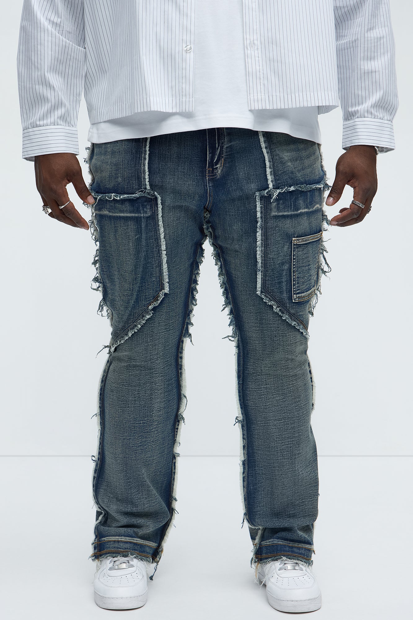 Diagonal Frayed Stacked Skinny Flare Jeans - Dark Wash - Image 5