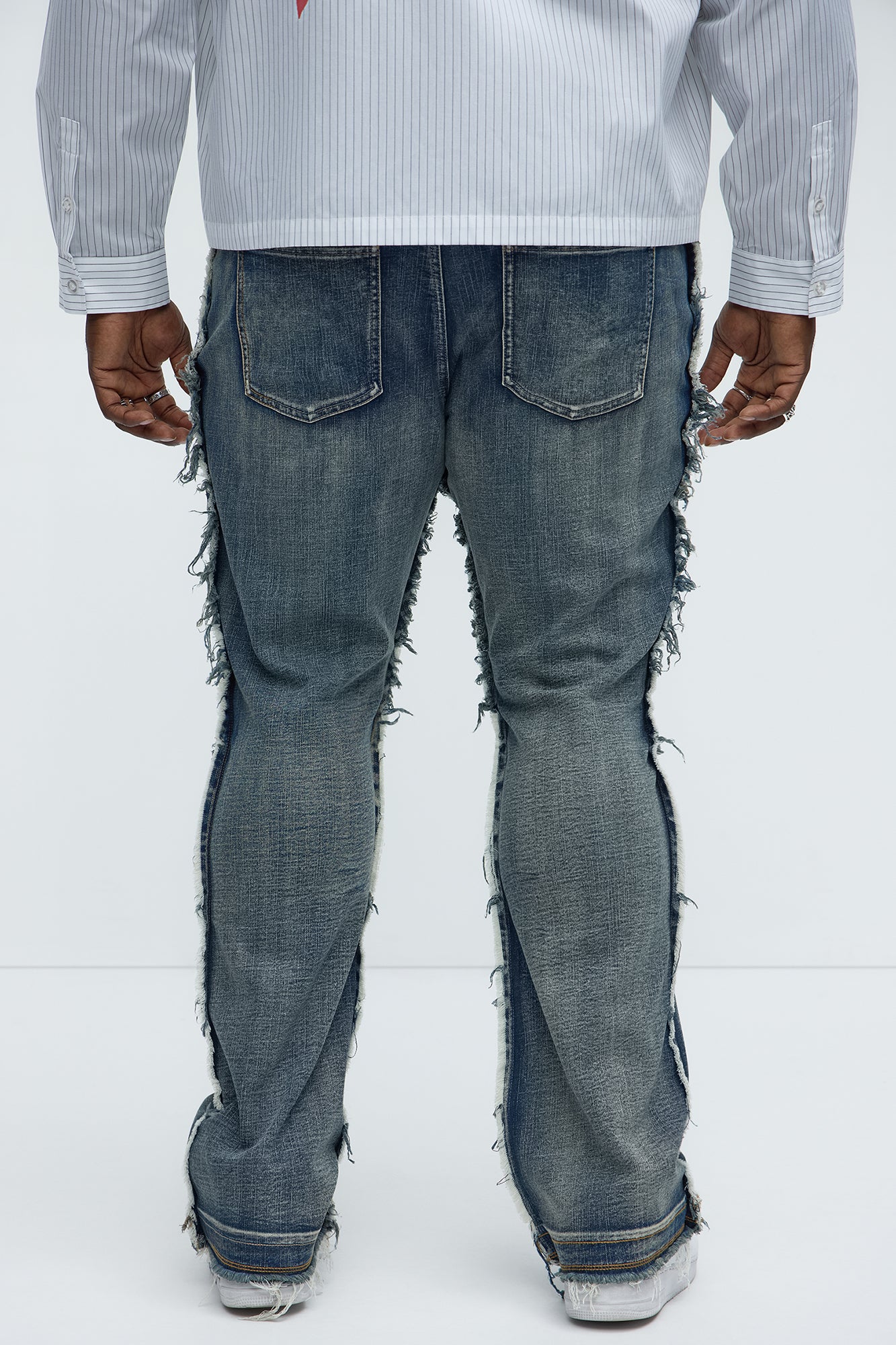 Diagonal Frayed Stacked Skinny Flare Jeans - Dark Wash - Image 8