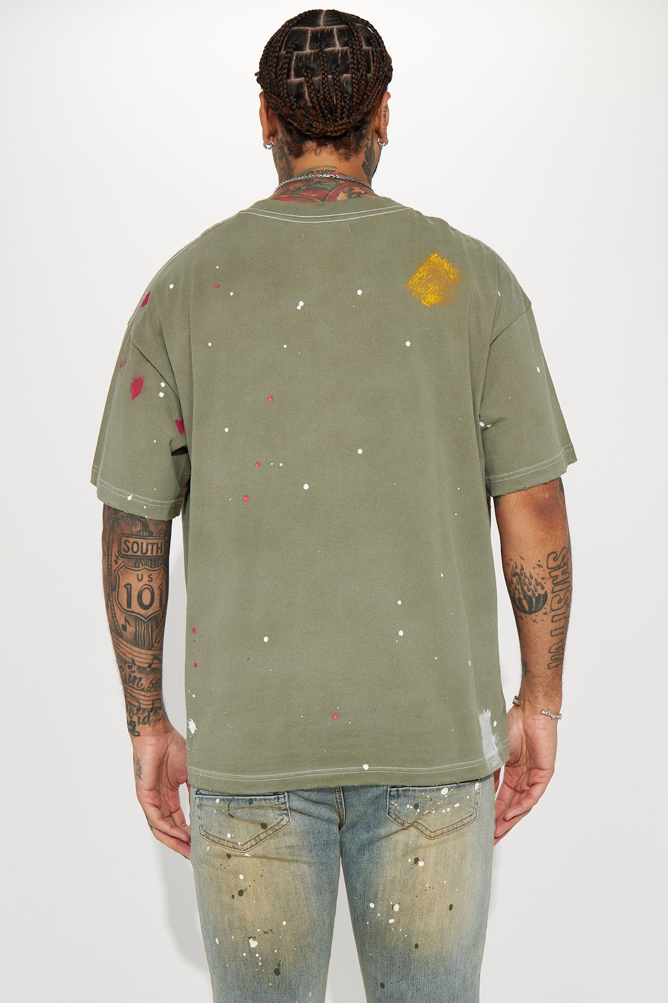 GOAT Paint Splatter Oversized Short Sleeve Tee - Olive - Image 6