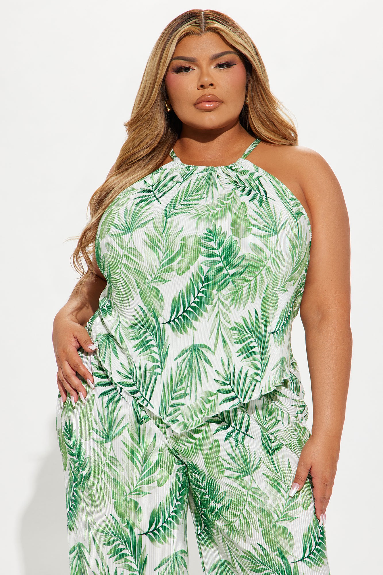 Addie Tropical Plisse Pant Set - Green/combo - Image 5