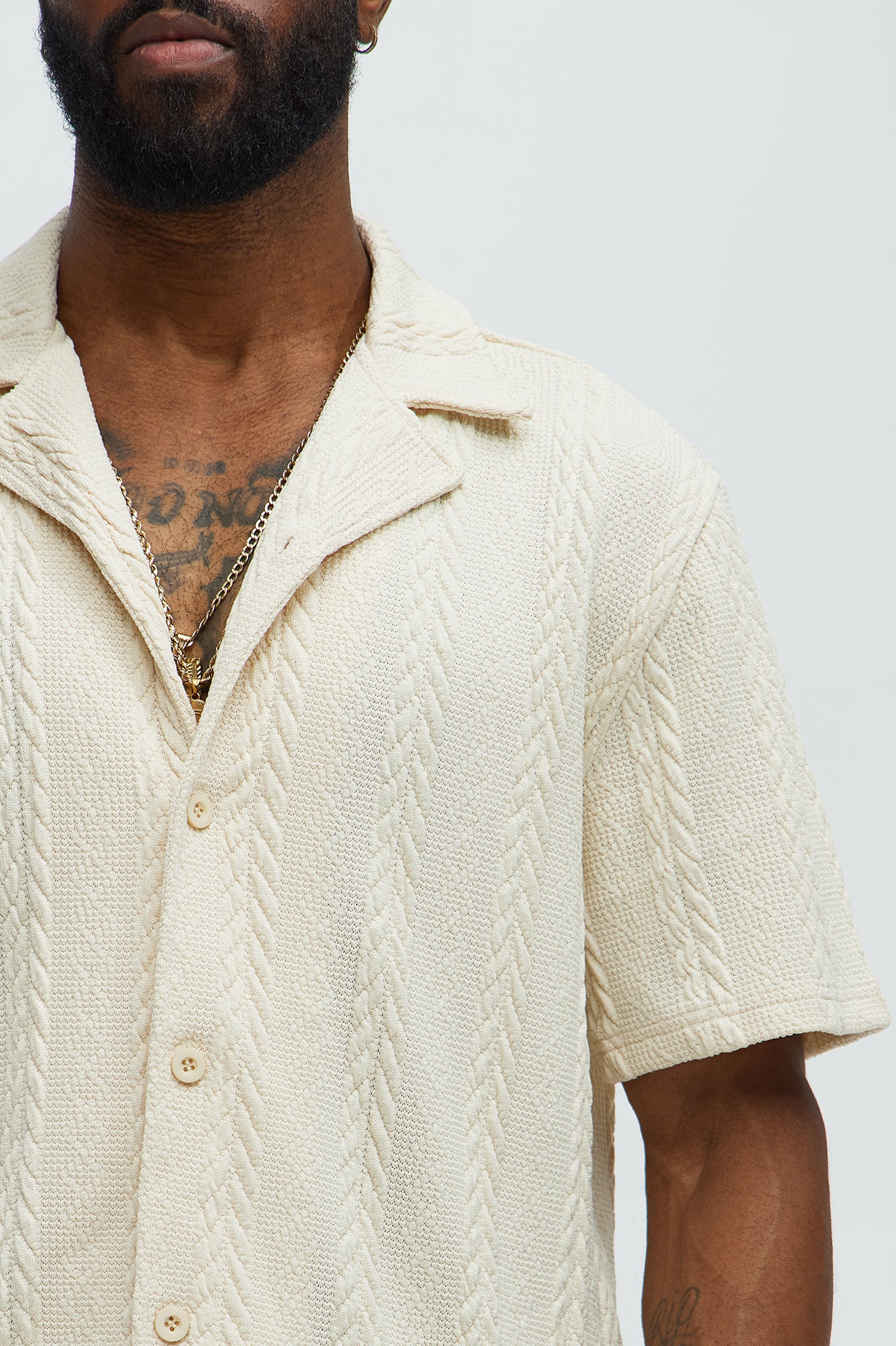 Textured Stripes Cuban Short Sleeve Button Up Shirt - Cream - Image 3