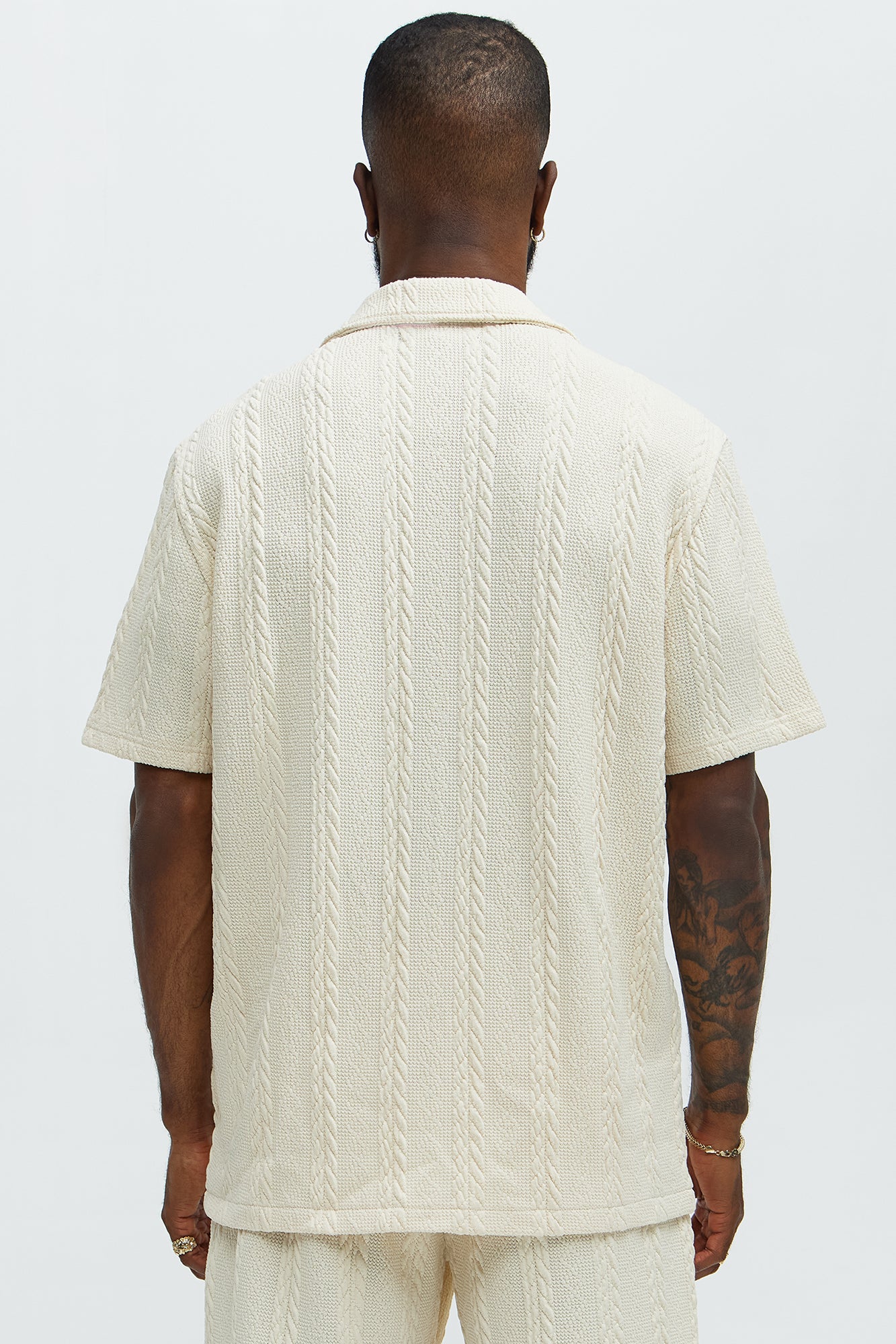 Textured Stripes Cuban Short Sleeve Button Up Shirt - Cream - Image 4
