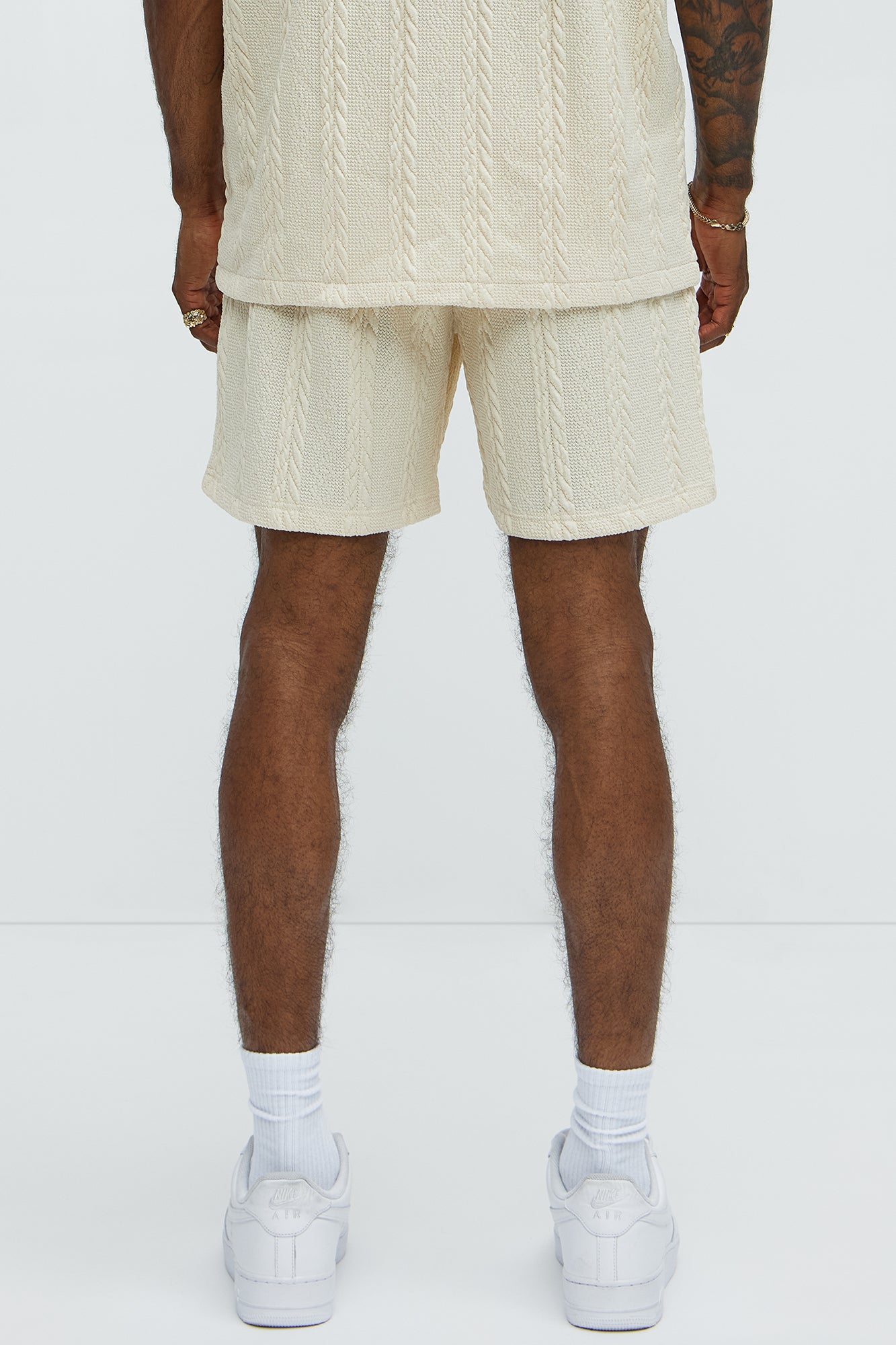 Textured Stripes Relaxed Drawstring Shorts - Cream - Image 4