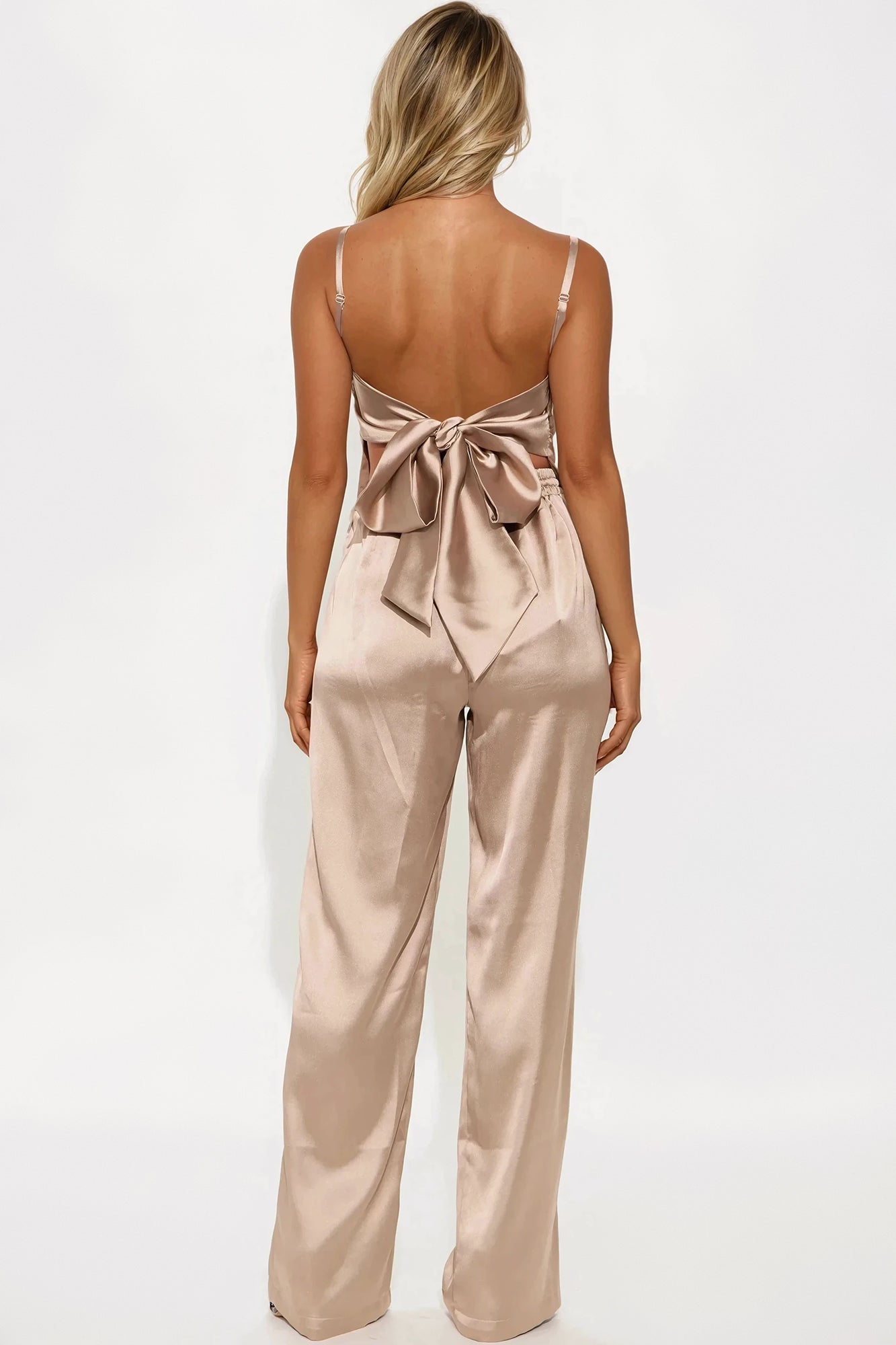 Take A Look Satin Wide Leg Pant Set - Taupe - Image 3
