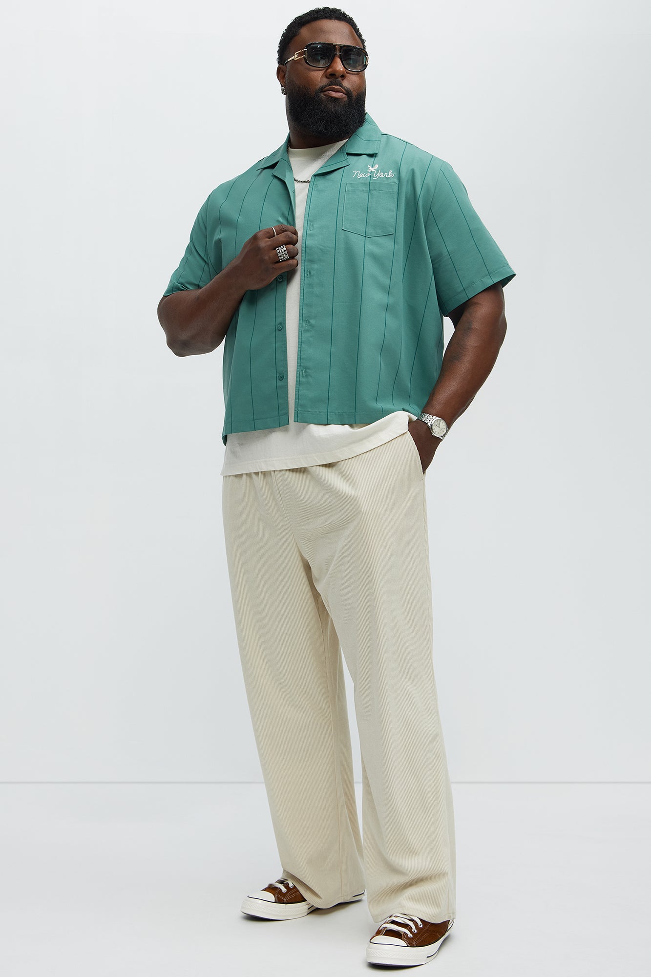 Back Embroidered Cropped Cuban Collar Button Up Shirt - Green - Image 7