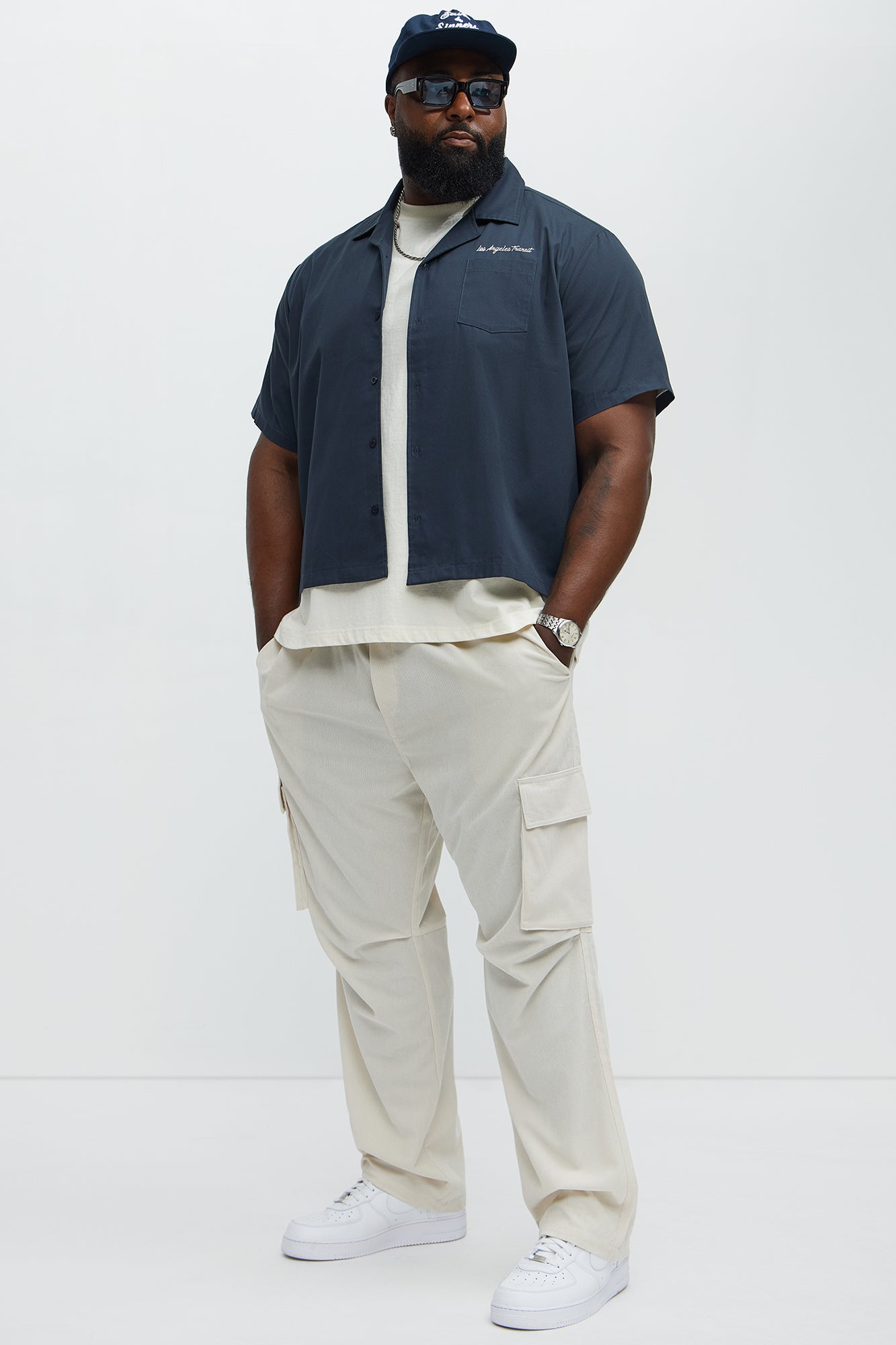 Back Embroidered Cuban Collar Button Up Shirt - Navy - Image 7