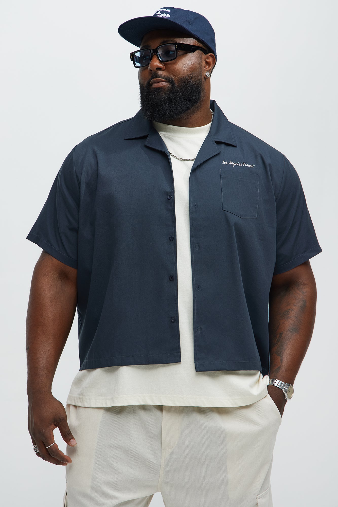 Back Embroidered Cuban Collar Button Up Shirt - Navy - Image 6