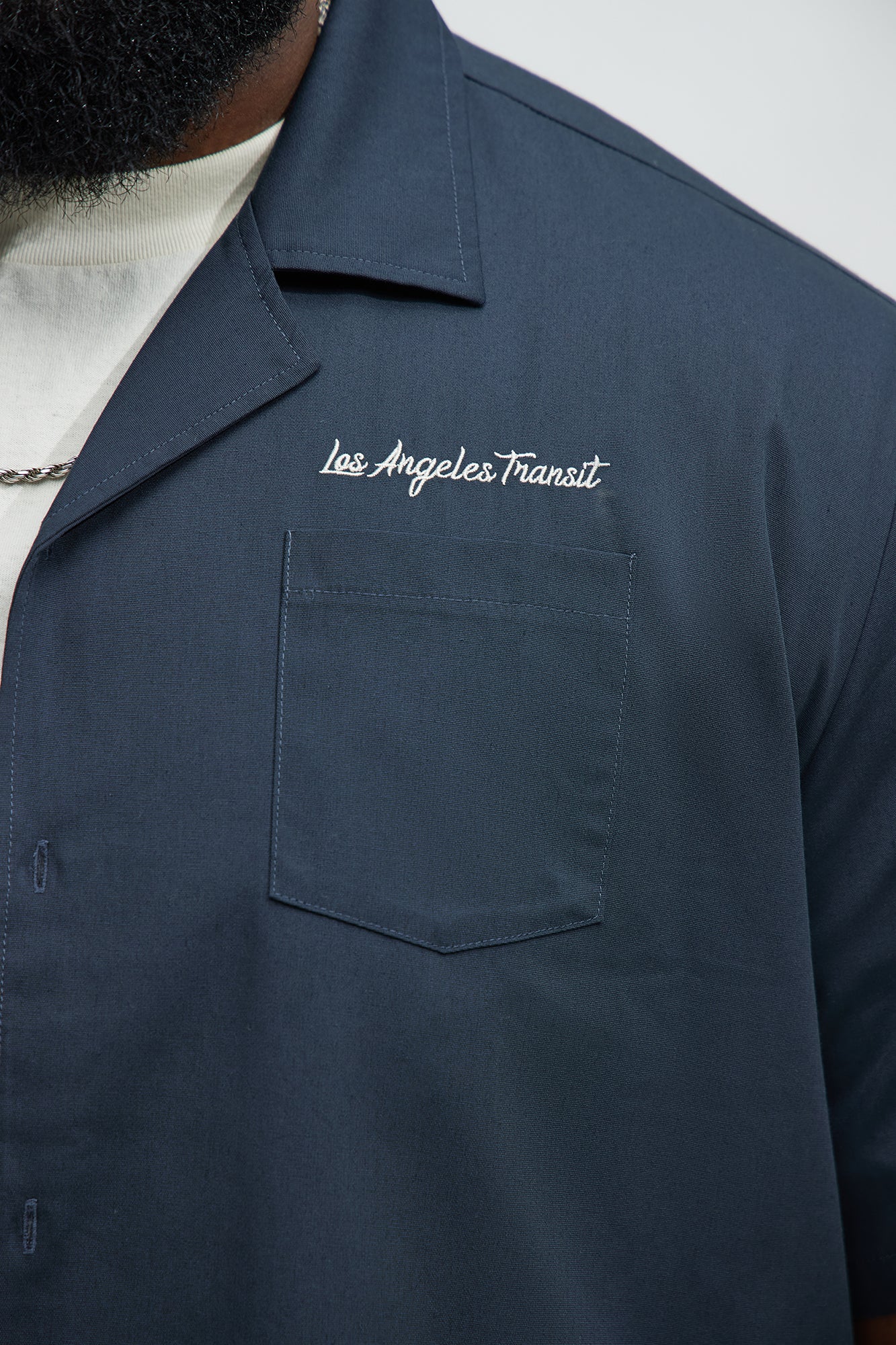 Back Embroidered Cuban Collar Button Up Shirt - Navy - Image 8