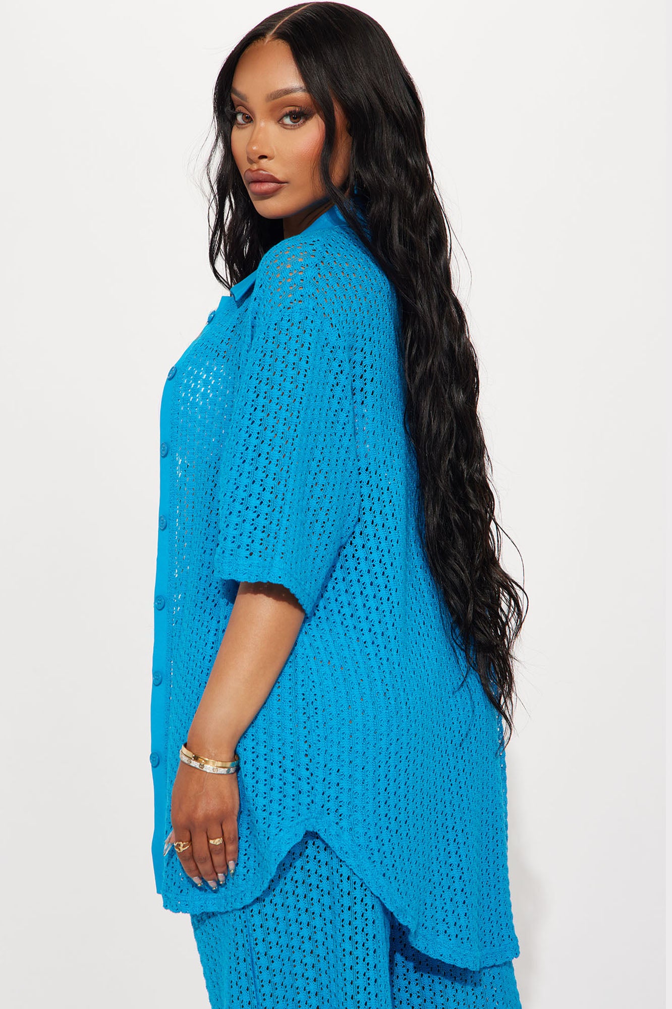 Abby Button Up Swim Cover Up Top - Blue - Image 3