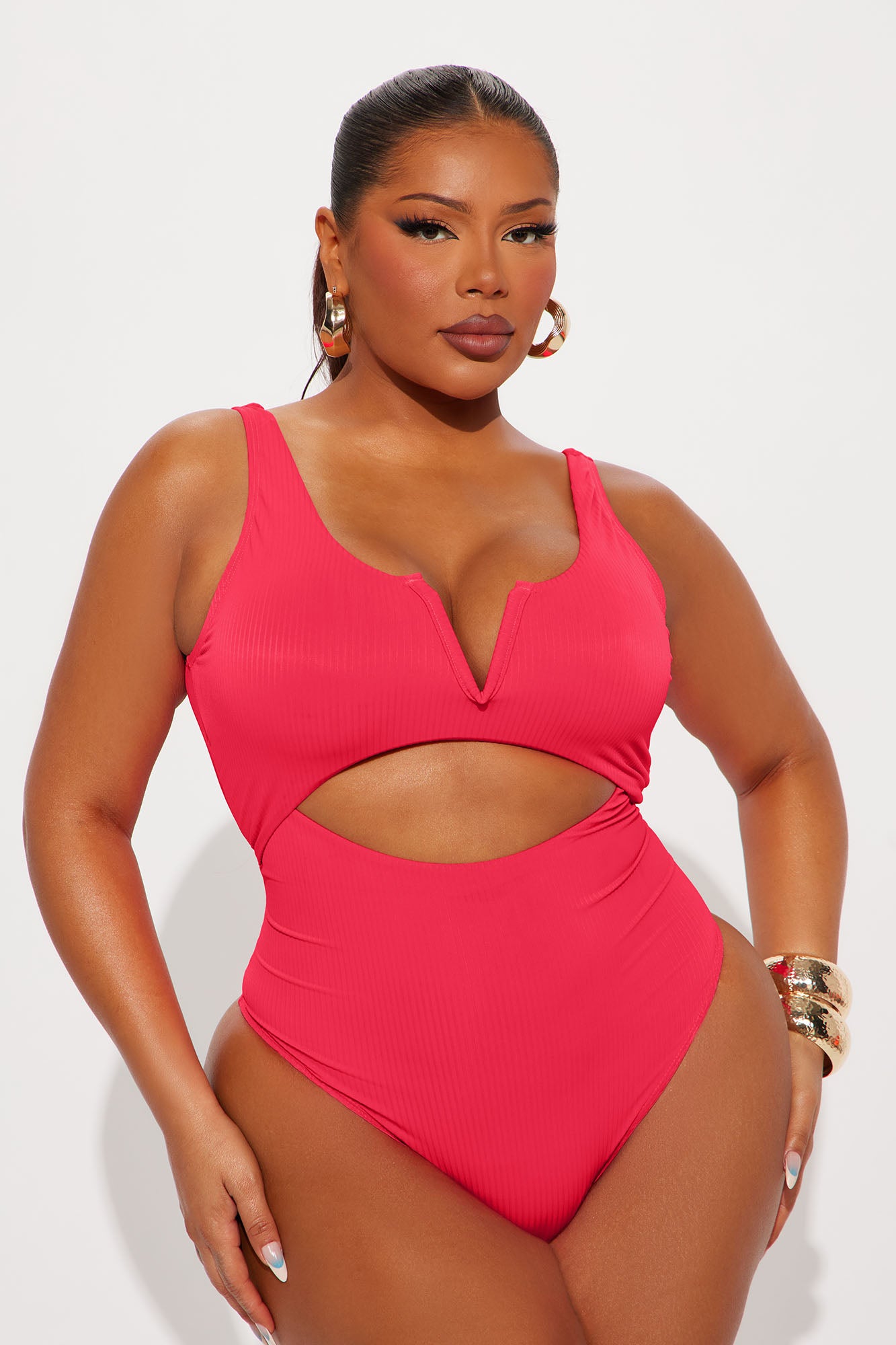 By The Shore V Wire Cutout Ribbed 1 Piece Swimsuit - Hot Pink - Image 4
