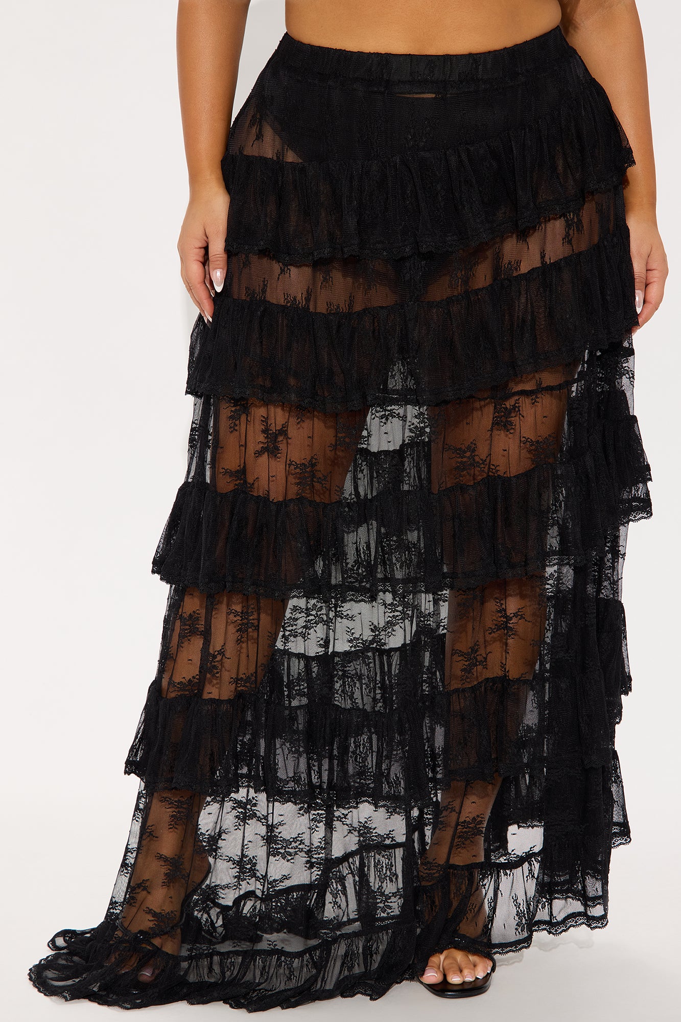 Hopeless Romantic Sheer Lace Asymmetrical Tiered Maxi Skirt - Black - Image 5