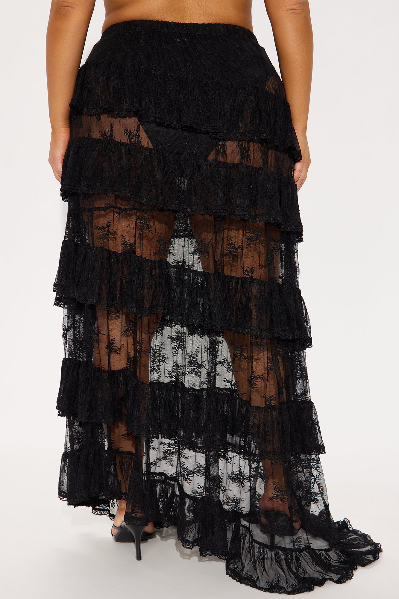 Hopeless Romantic Sheer Lace Asymmetrical Tiered Maxi Skirt - Black - Image 6