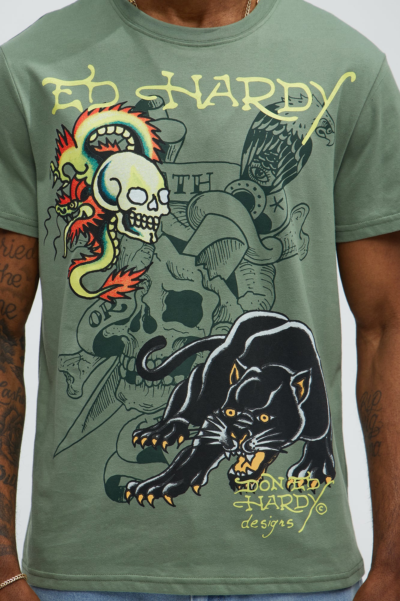 Ed Hardy Dragon Panther Tattoo Short Sleeve Tee - Olive - Image 3