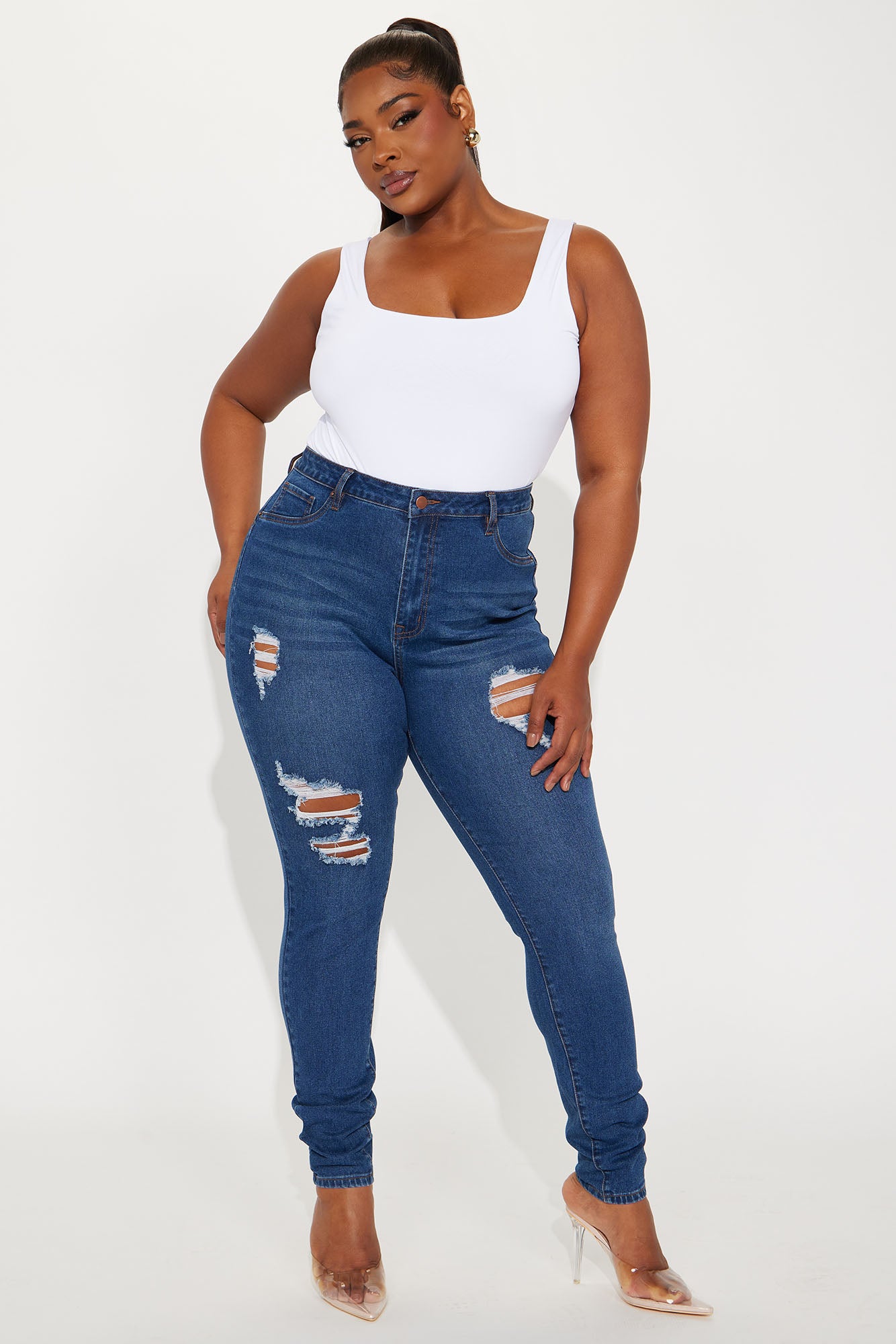 Tall Bedford Booty Sculpting Distressed High Rise Stretch Skinny Jeans - Dark Wash - Image 5