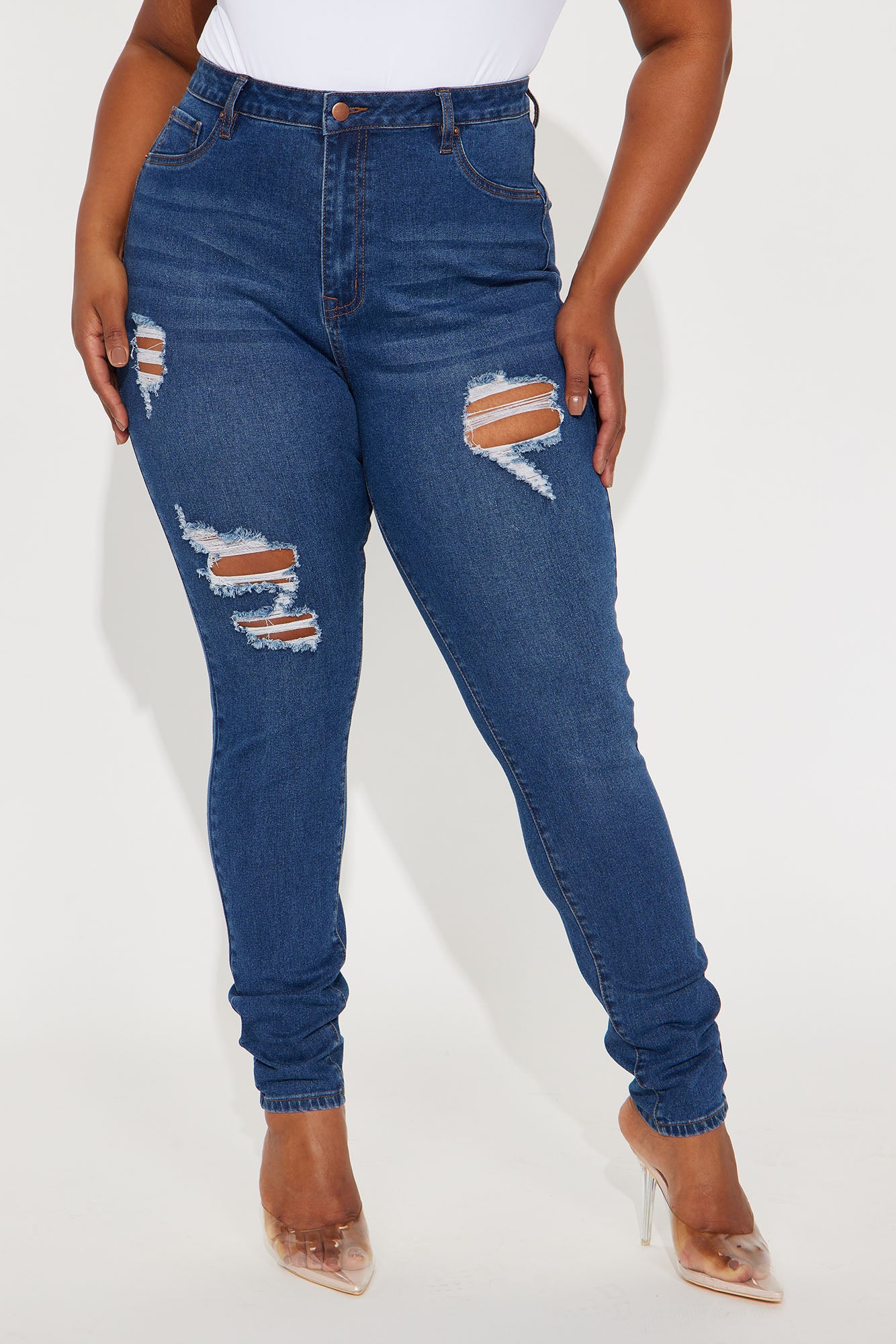 Tall Bedford Booty Sculpting Distressed High Rise Stretch Skinny Jeans - Dark Wash - Image 6