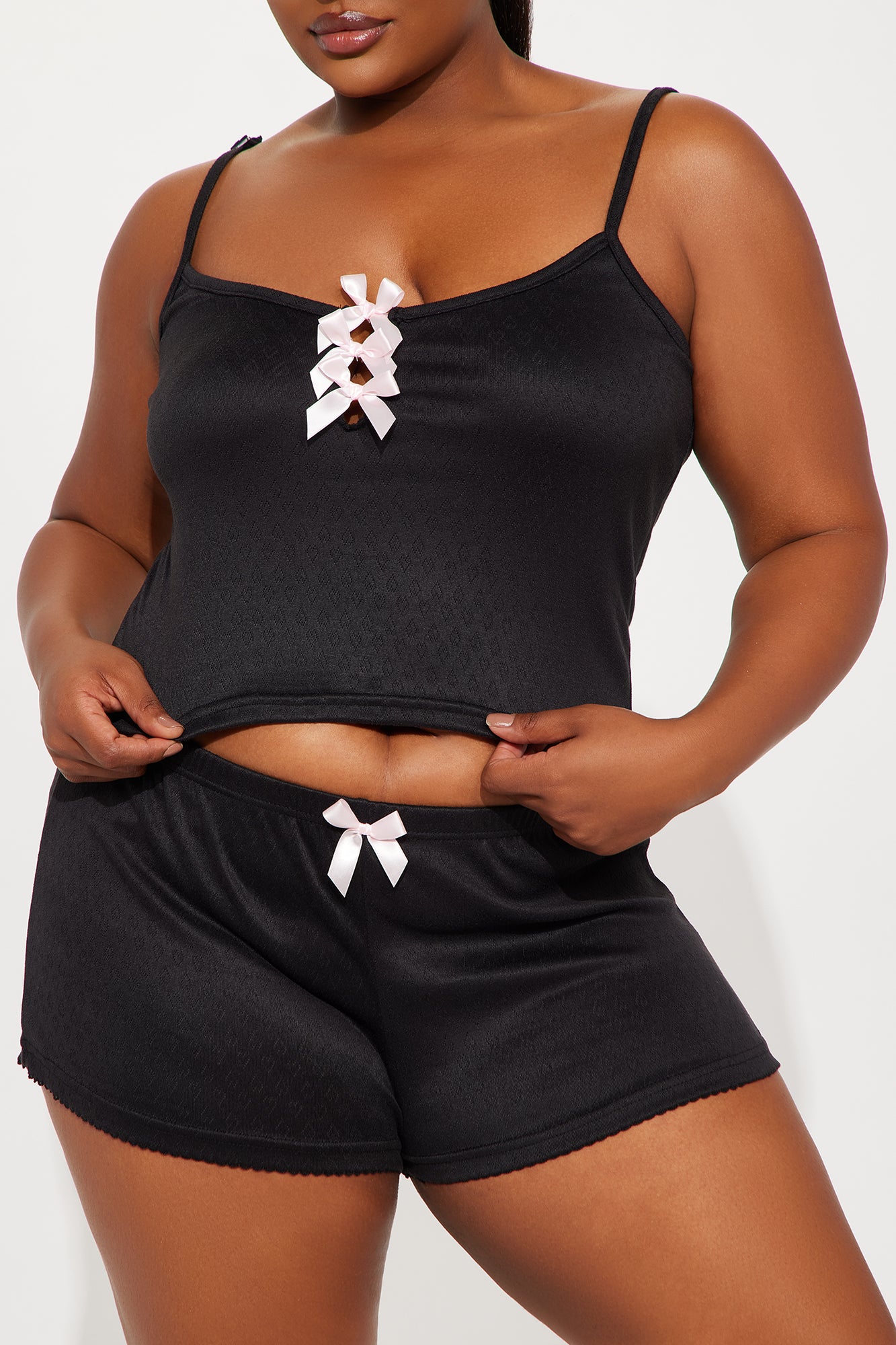 Bow Era Pointelle Cami PJ Short Set - Black/Pink - Image 5