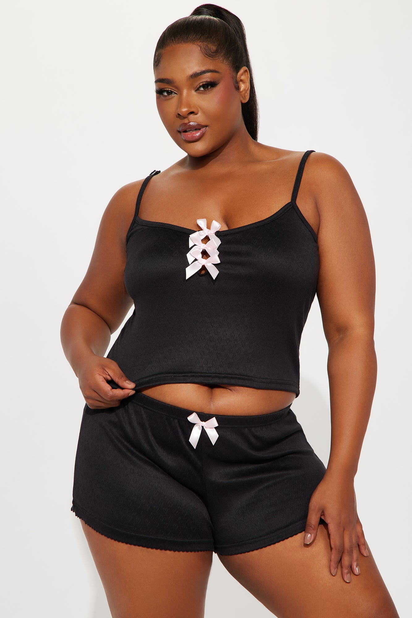 Bow Era Pointelle Cami PJ Short Set - Black/Pink - Image 4