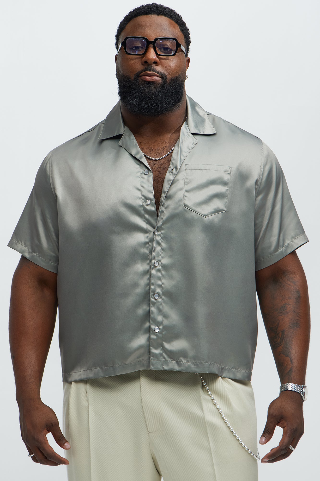 Satin Cuban Collar Button Up - Grey - Image 5