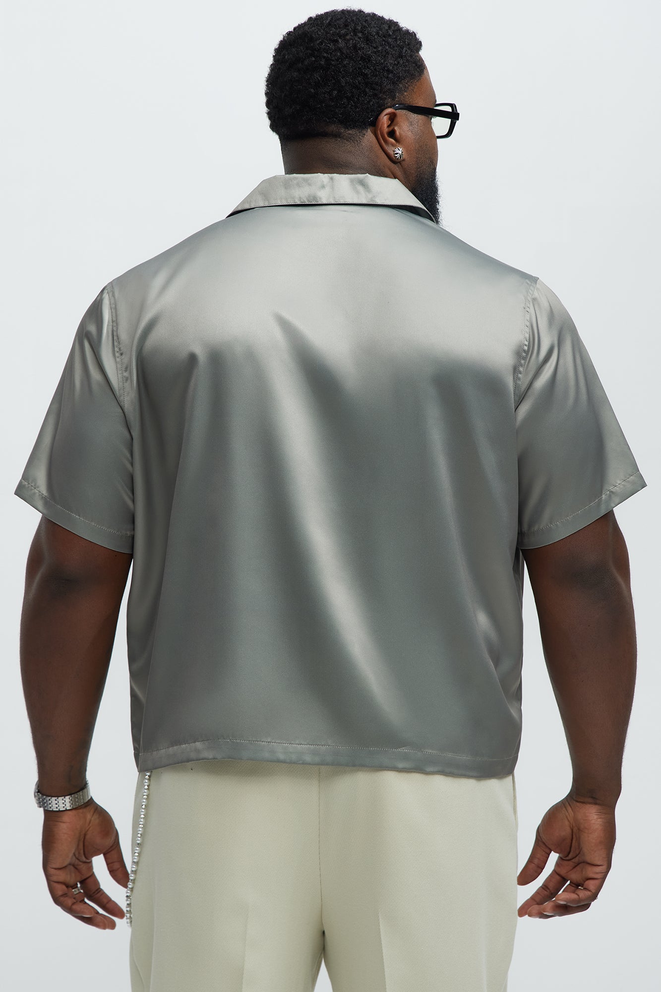 Satin Cuban Collar Button Up - Grey - Image 8