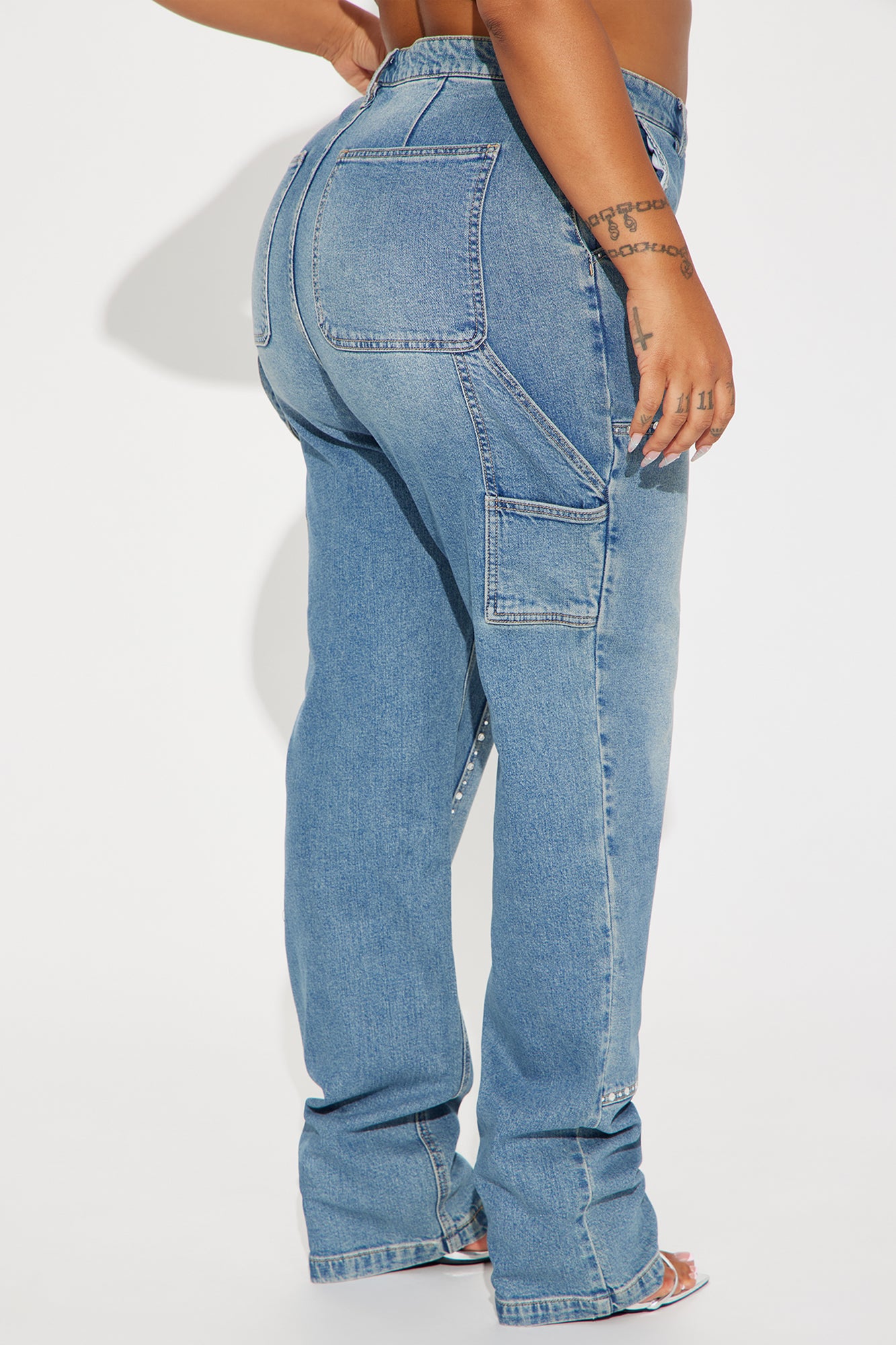Star Studded Embellished Straight Leg Carpenter Jeans - Medium Wash - Image 6
