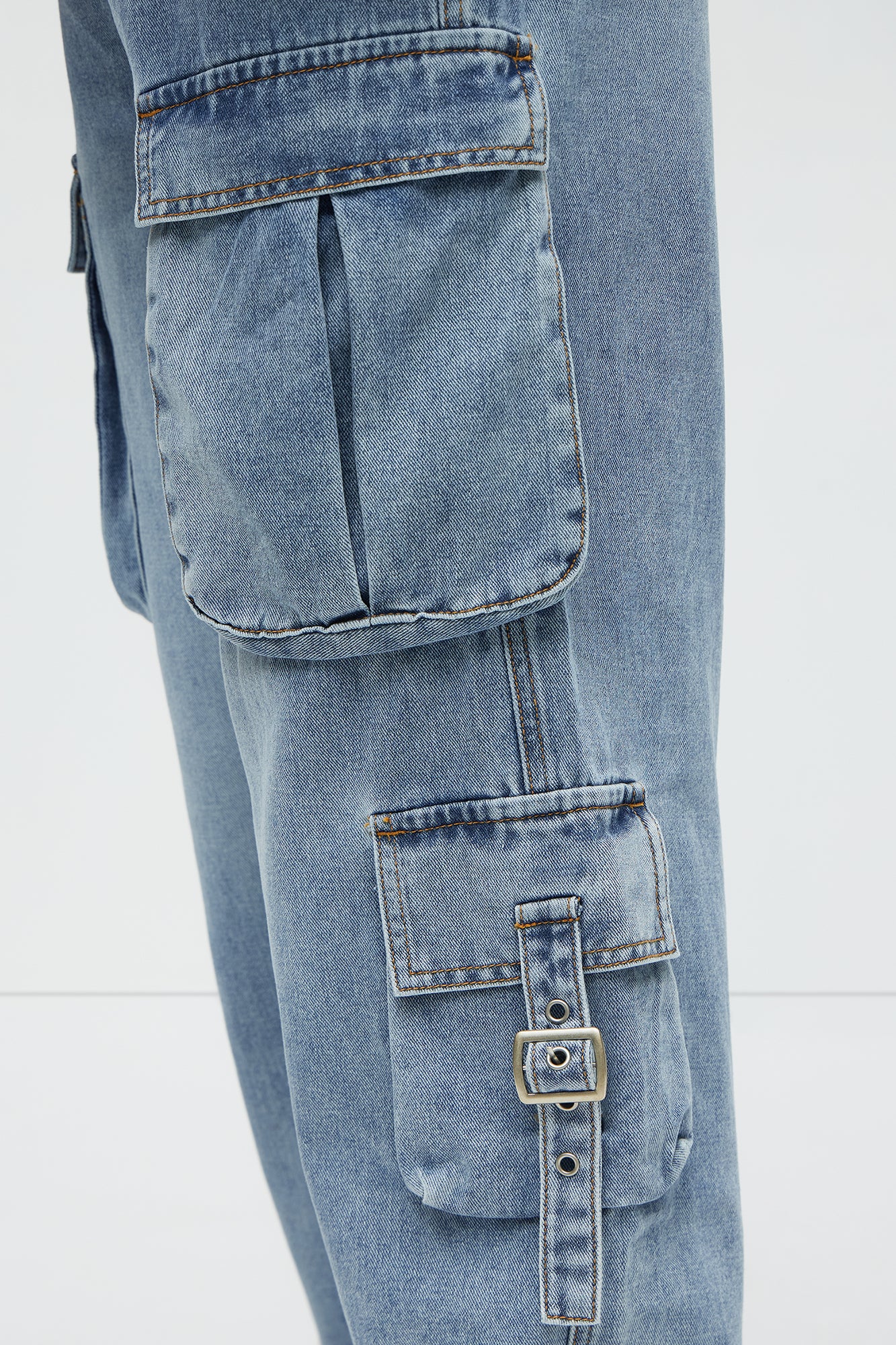 These Streets Cargo Buckle Straps Baggy Jeans - Light Wash - Image 4