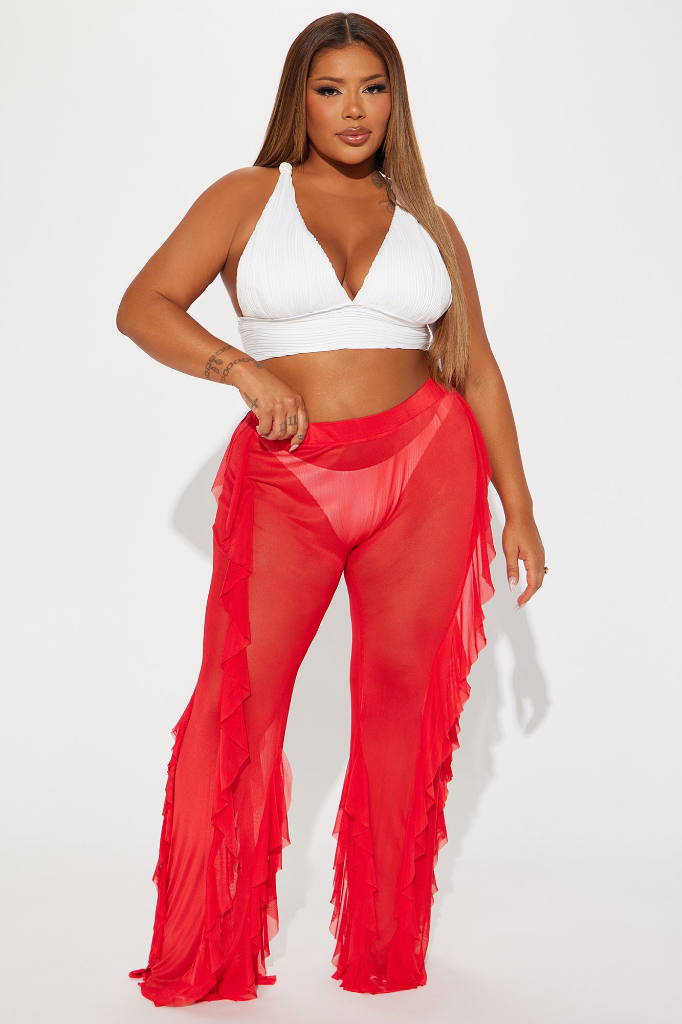 Celeste Ruffles Mesh Cover Up Pants - Red - Image 4