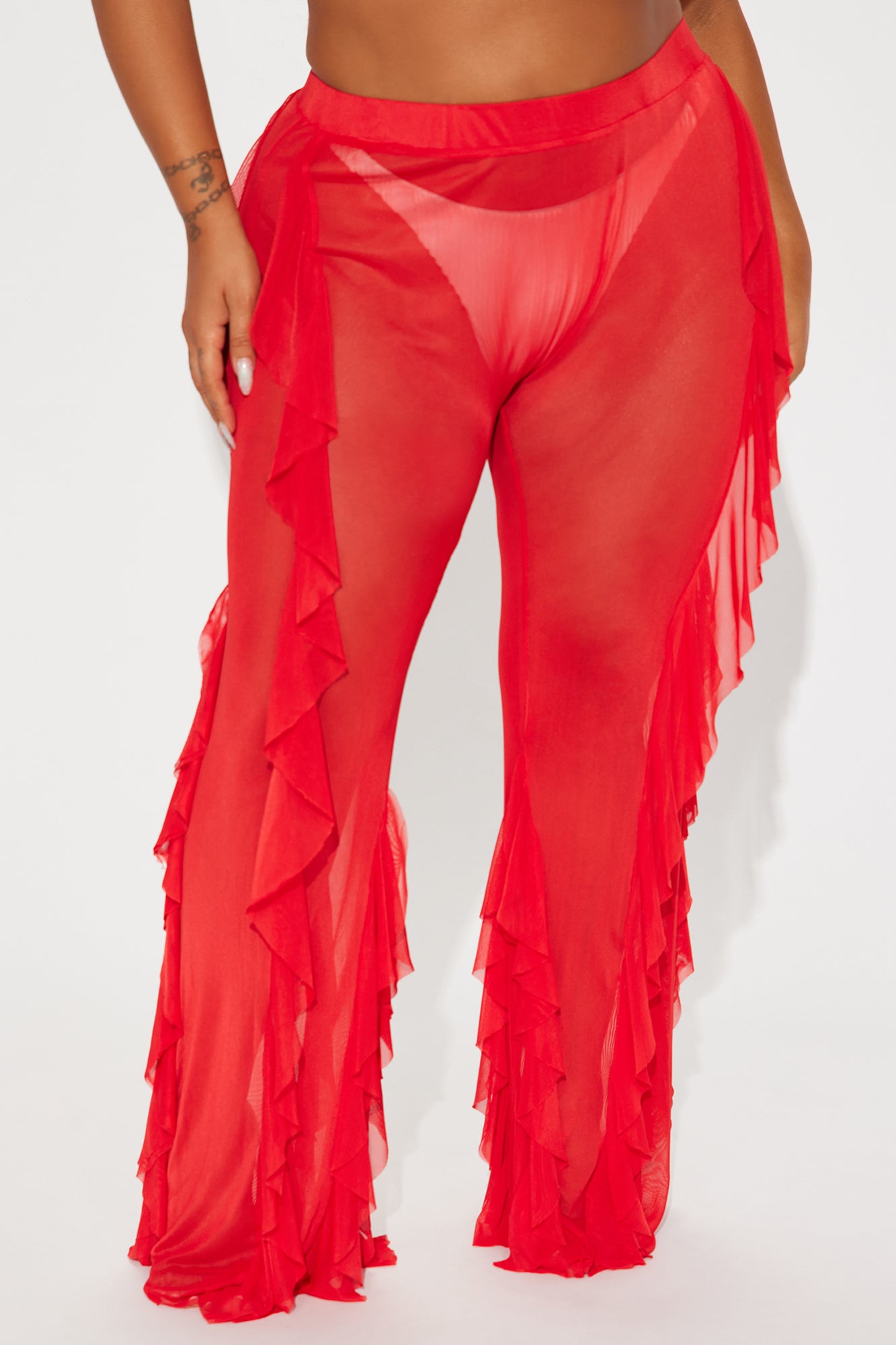 Celeste Ruffles Mesh Cover Up Pants - Red - Image 5