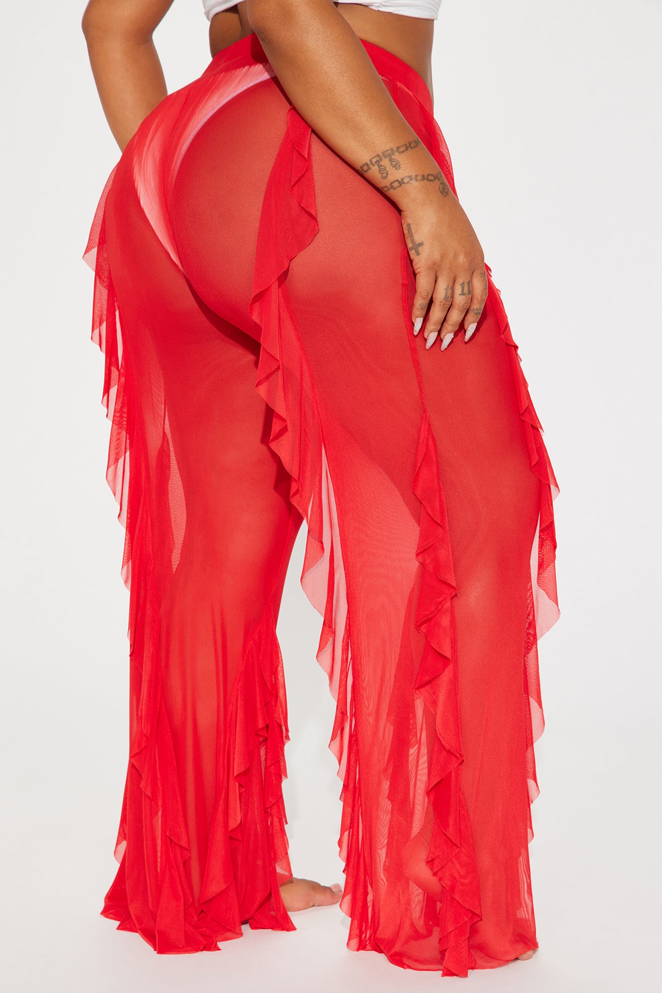 Celeste Ruffles Mesh Cover Up Pants - Red - Image 6