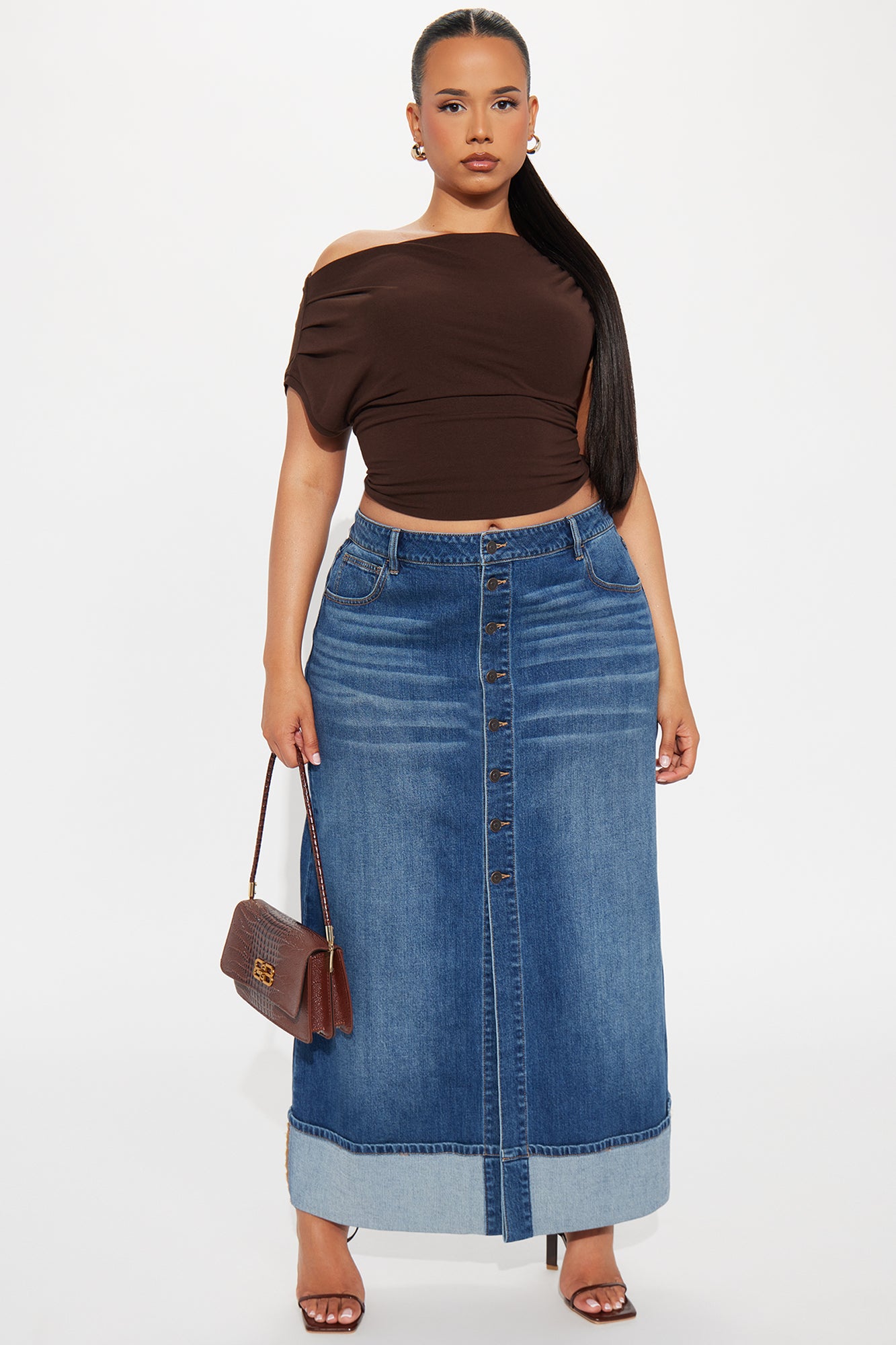 Loulou Mid Rise Denim Cuffed Hem Ankle Maxi Skirt - Medium Wash - Image 4