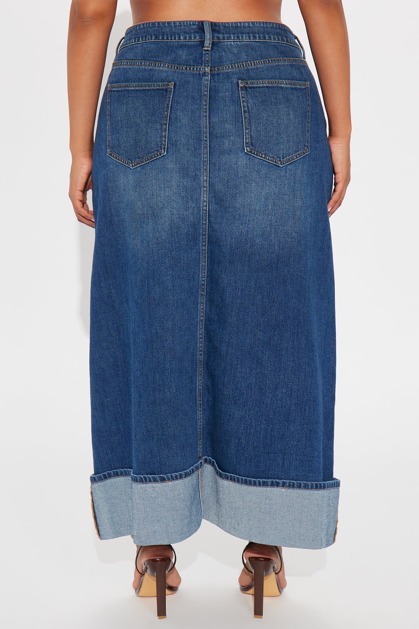 Loulou Mid Rise Denim Cuffed Hem Ankle Maxi Skirt - Medium Wash - Image 6