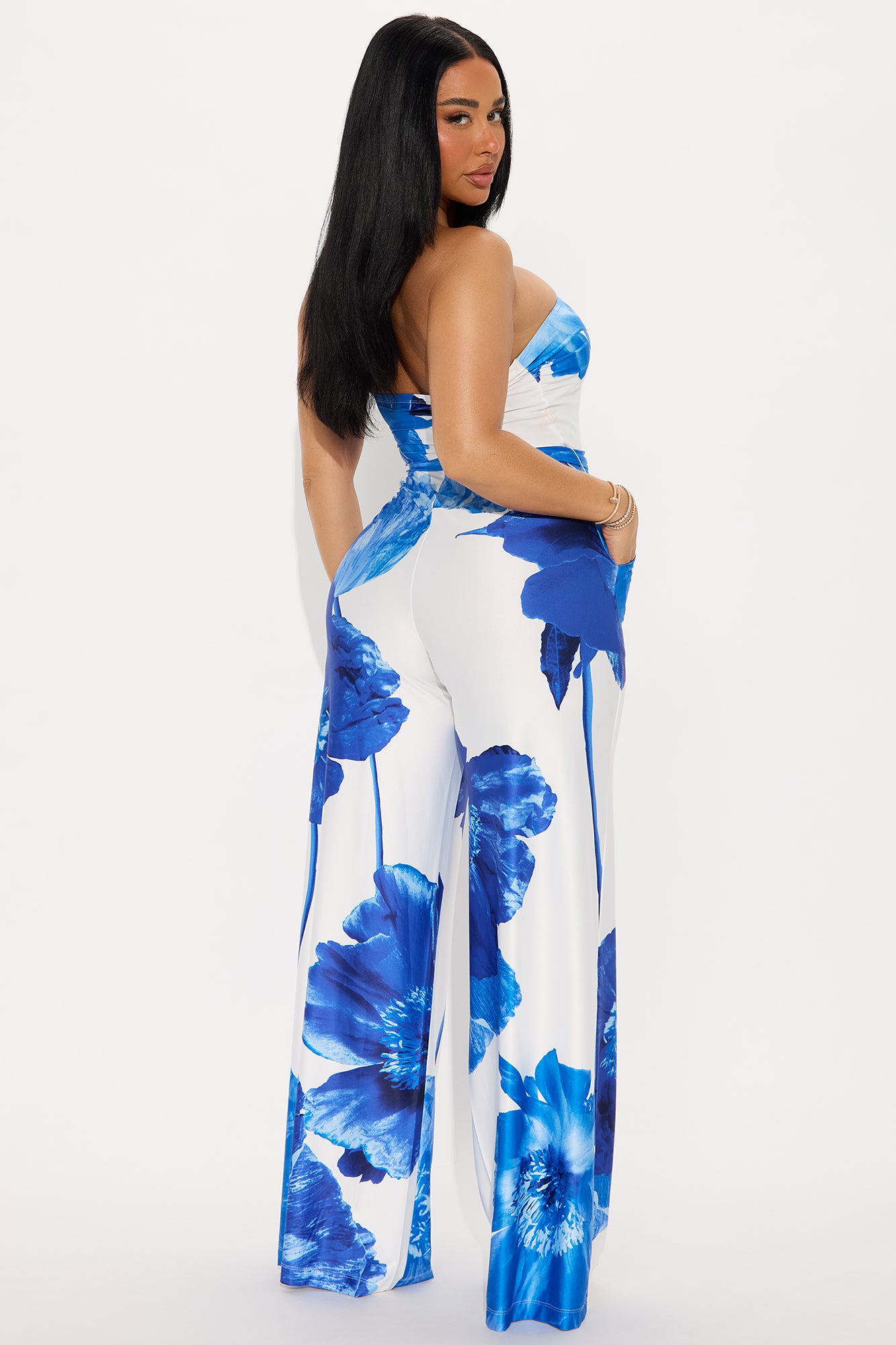 Falling Flower Wide Leg Strapless Jumpsuit - Blue/combo - Image 3