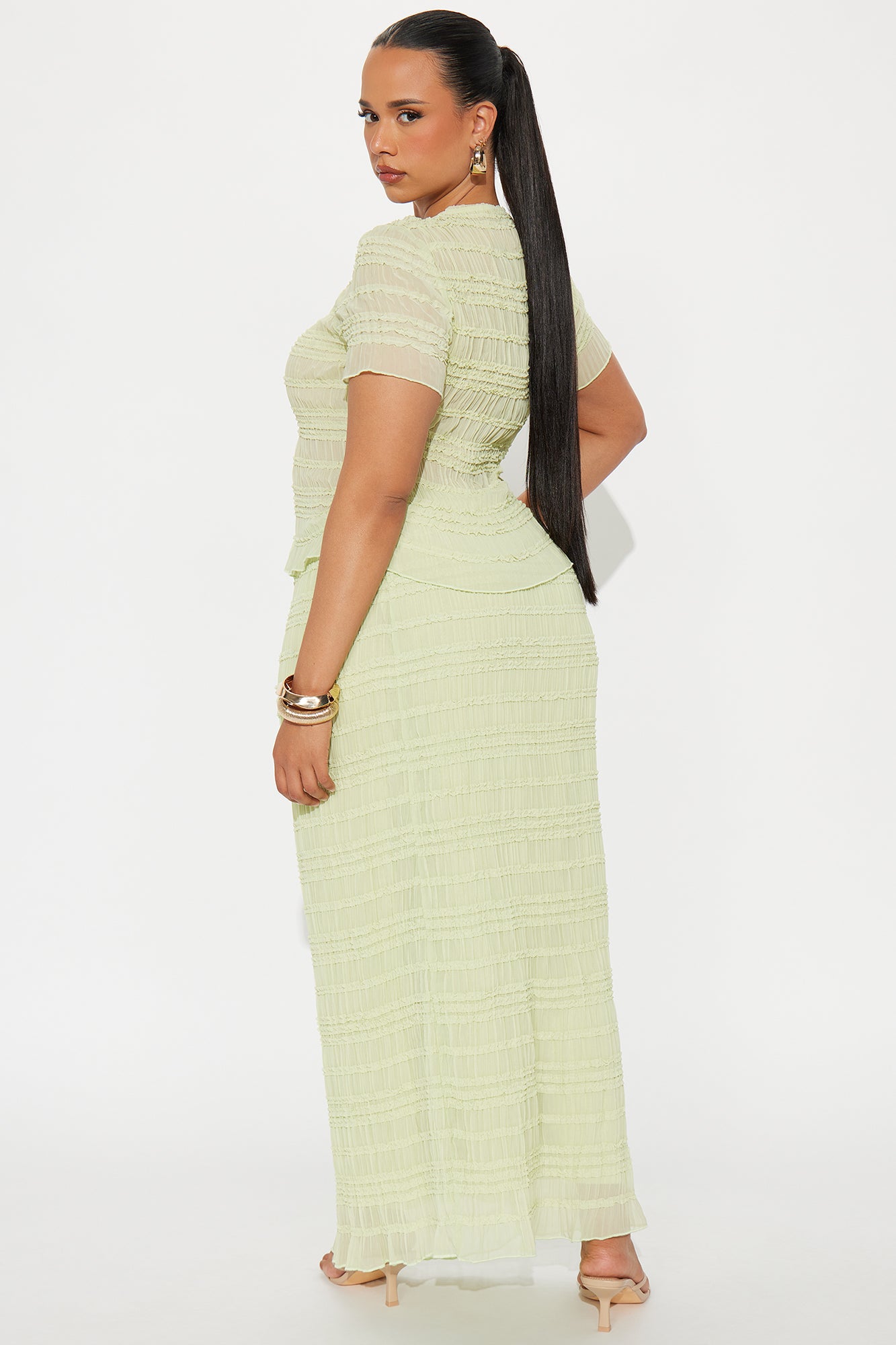 Flirty Chiffon Button Up Maxi Skirt Set - Sage - Image 6