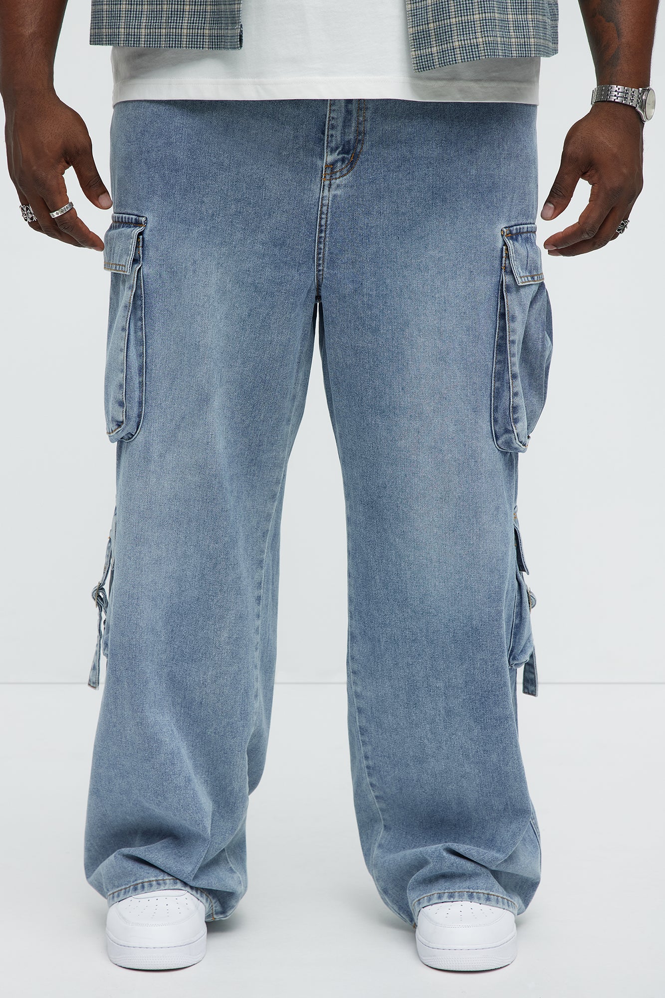 These Streets Cargo Buckle Straps Baggy Jeans - Light Wash - Image 6