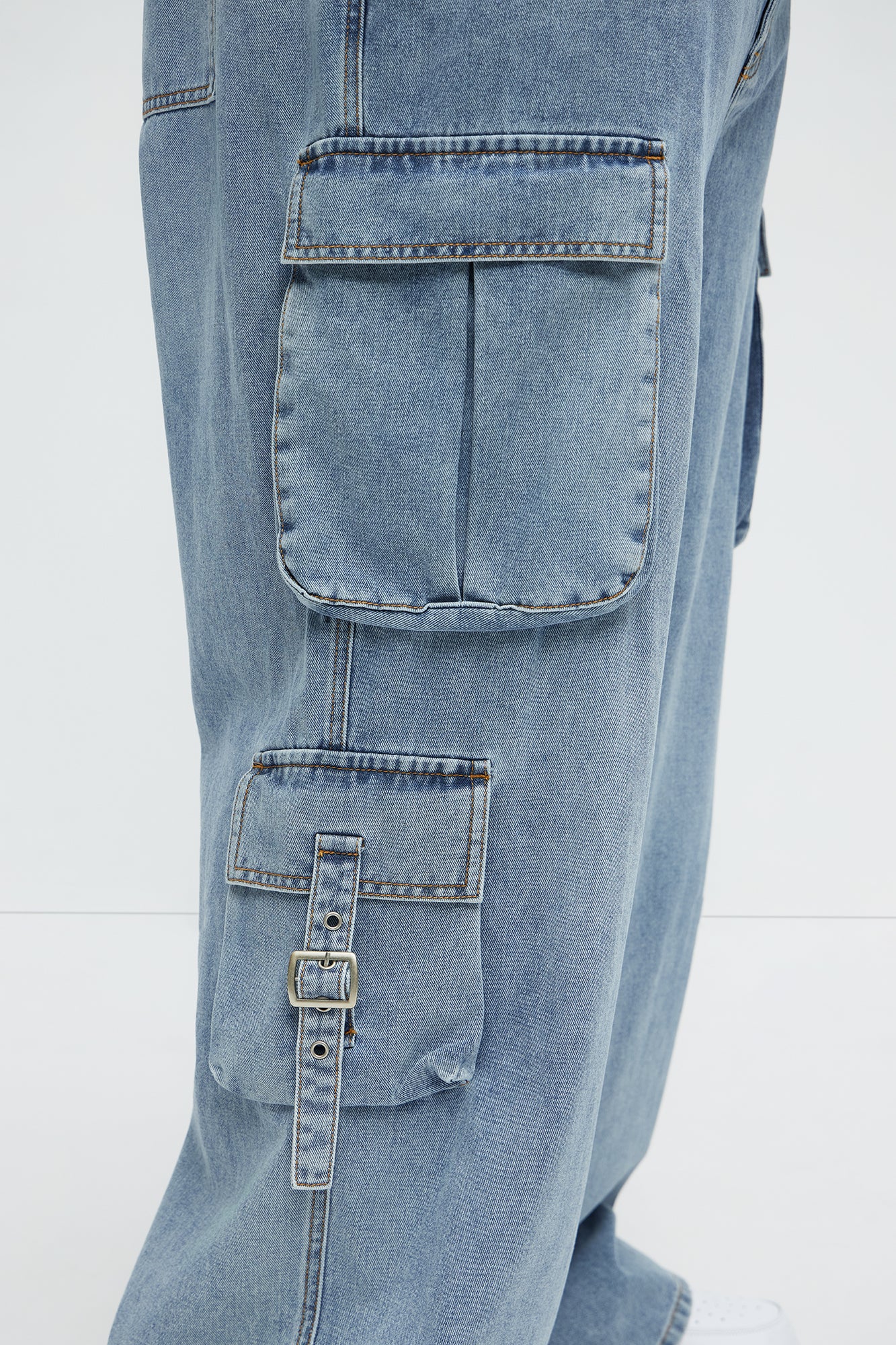These Streets Cargo Buckle Straps Baggy Jeans - Light Wash - Image 8