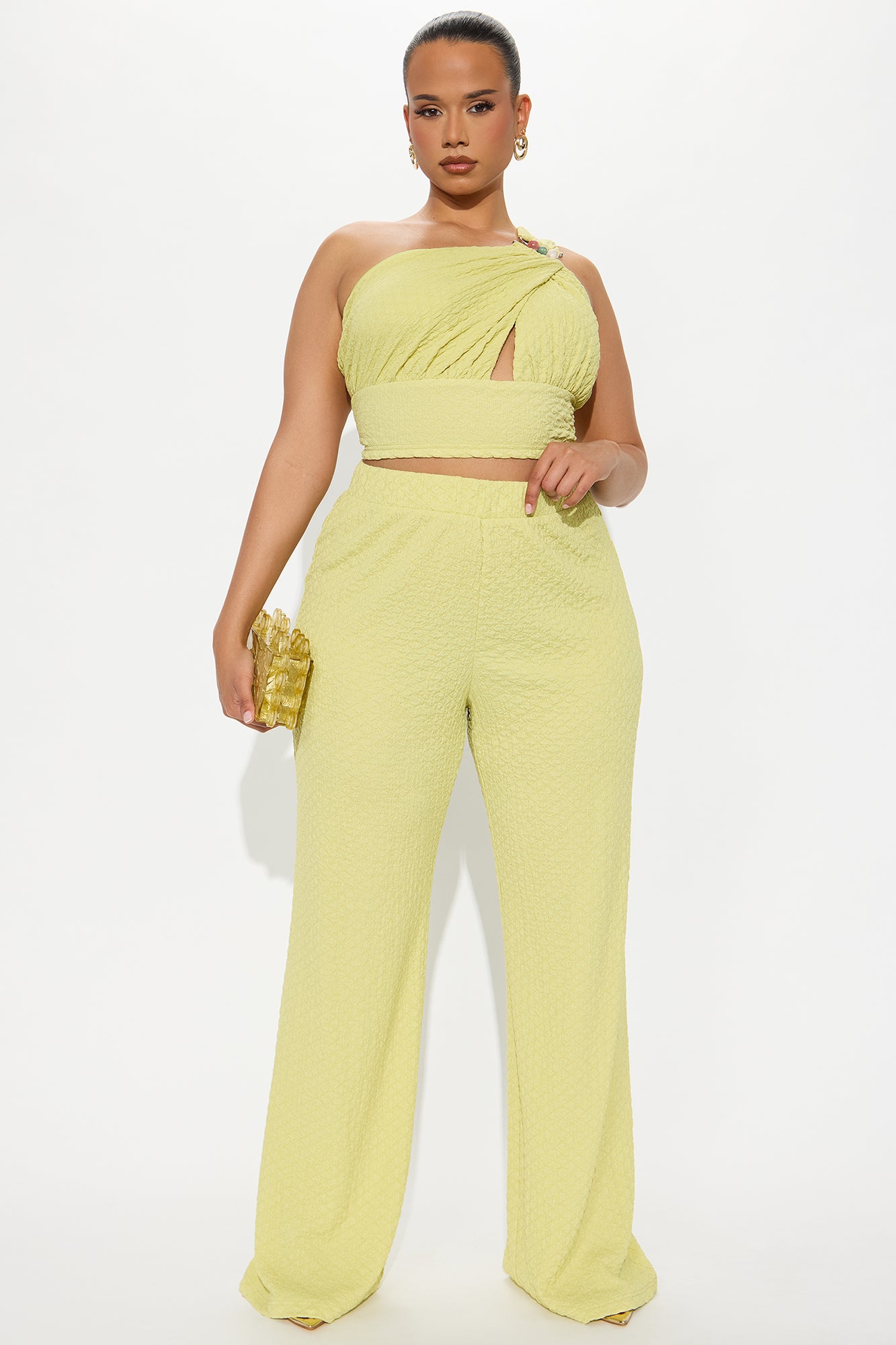 Aza One Shoulder Textured Flare Pant Set - Chartreuse - Image 4