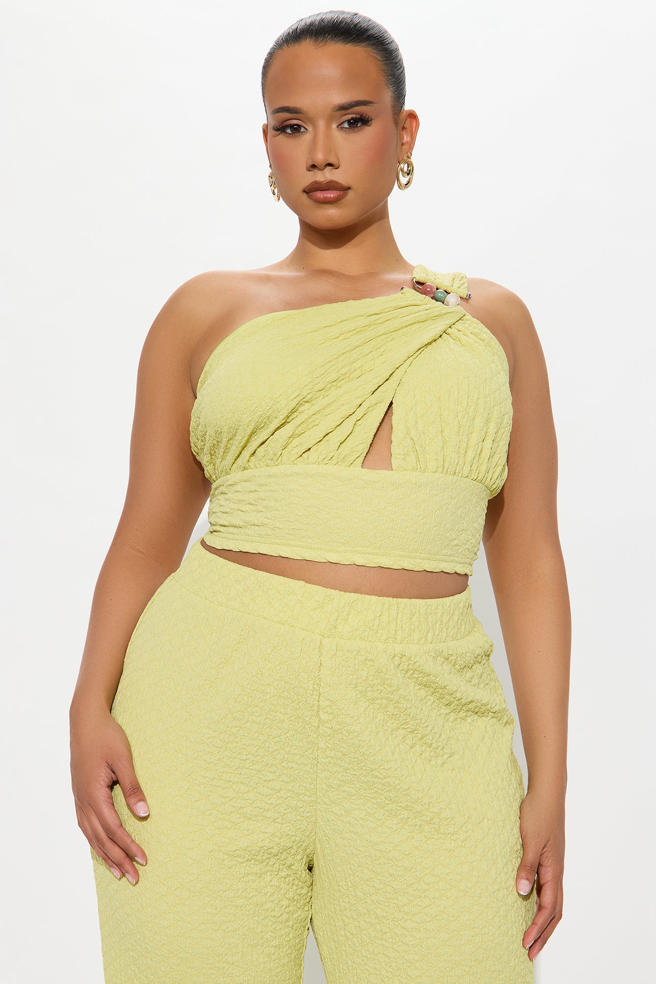 Aza One Shoulder Textured Flare Pant Set - Chartreuse - Image 5