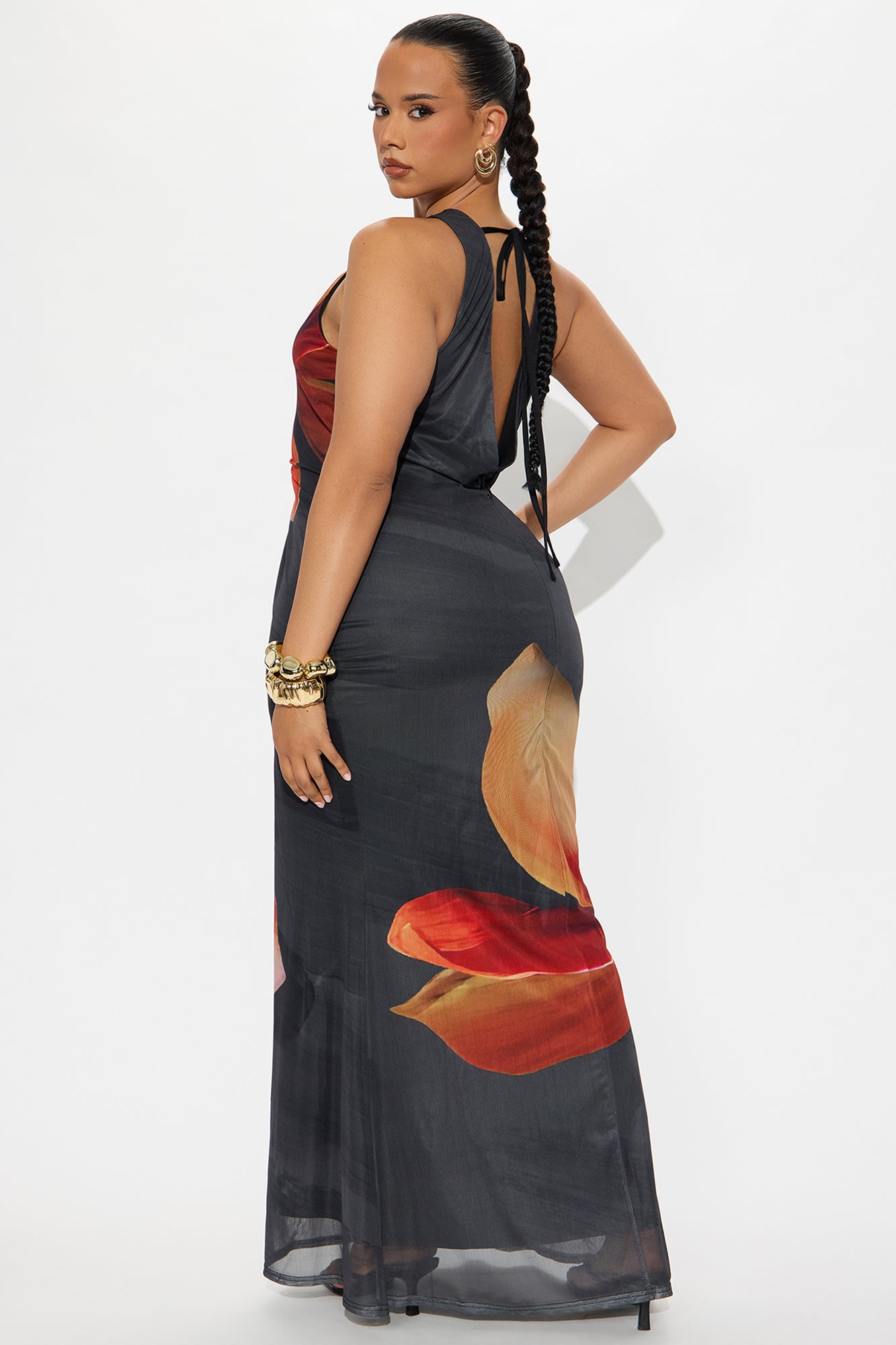 Claudia Backless Mesh Maxi Dress - Black/Orange - Image 6
