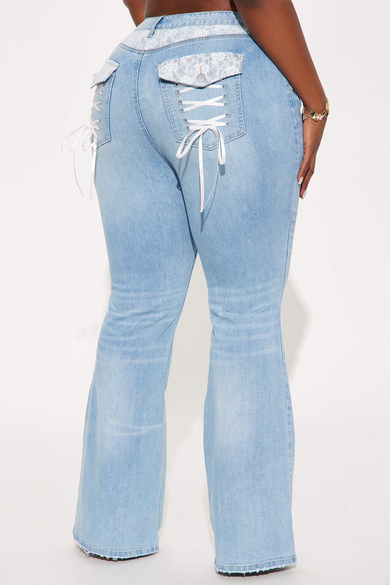 Sweet By Choice Lace Up Stretch Flare Jeans - Light Wash - Image 5