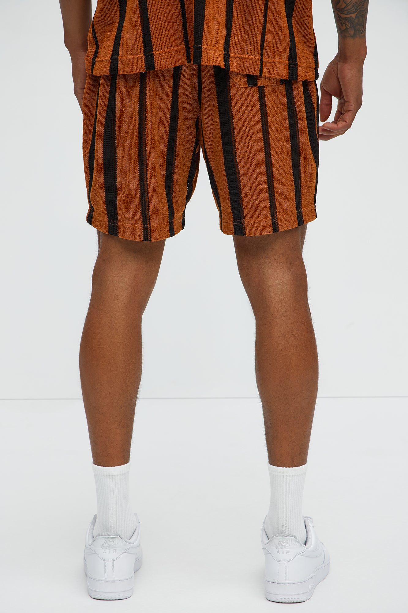 Open Knit Striped Textured Relaxed Short - Brown - Image 4