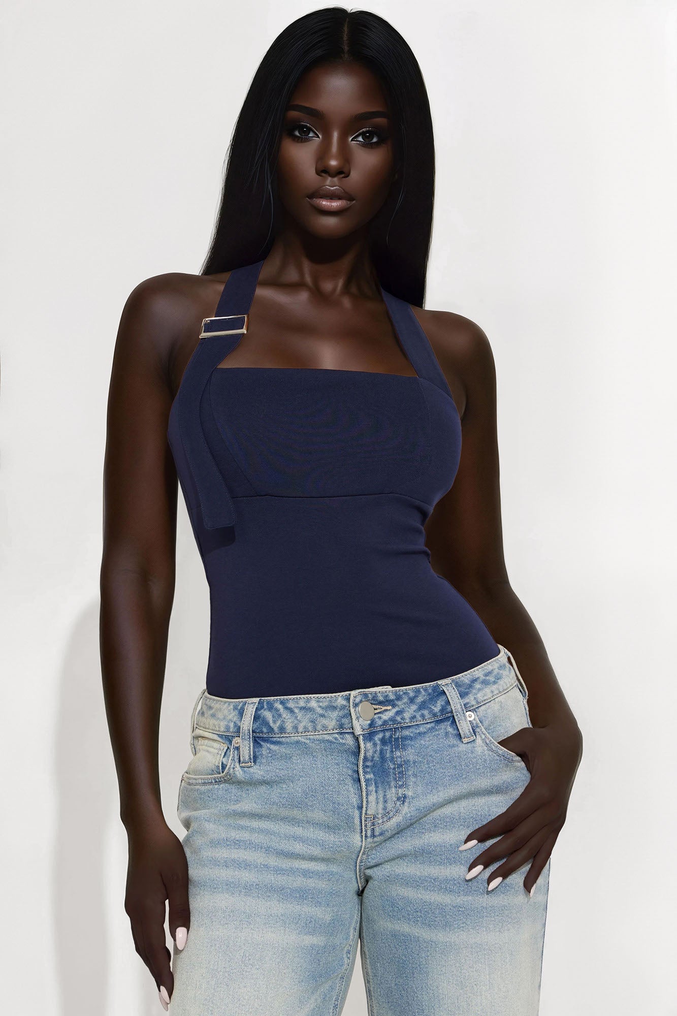 In The Mix Halter Ponte Bodysuit - Navy - Image 3