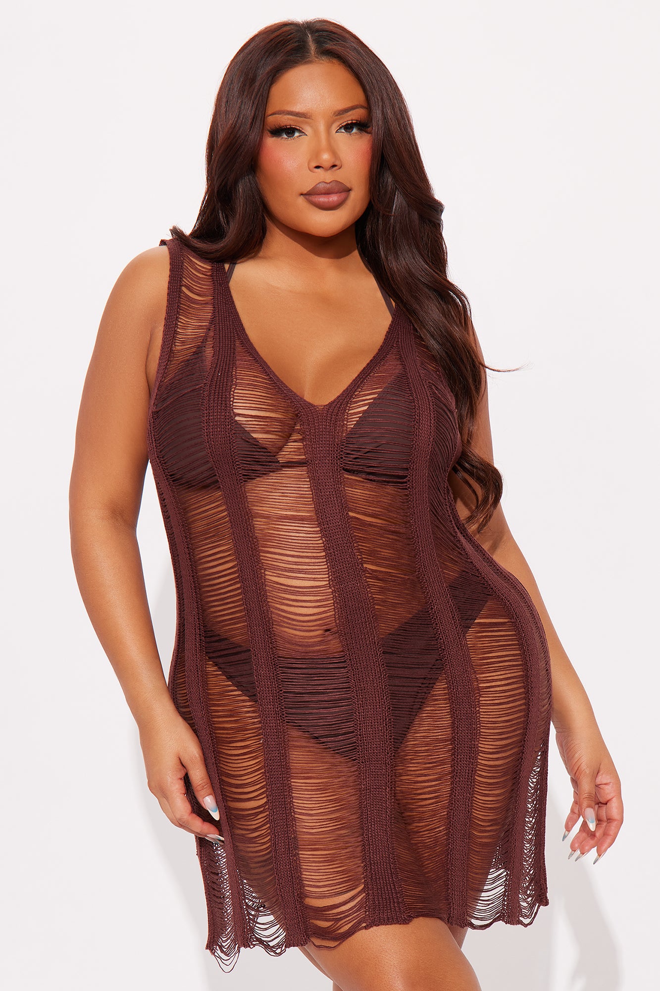 Elizabeth Crochet Swim Cover Up Tank Mini Dress  - Chocolate - Image 4
