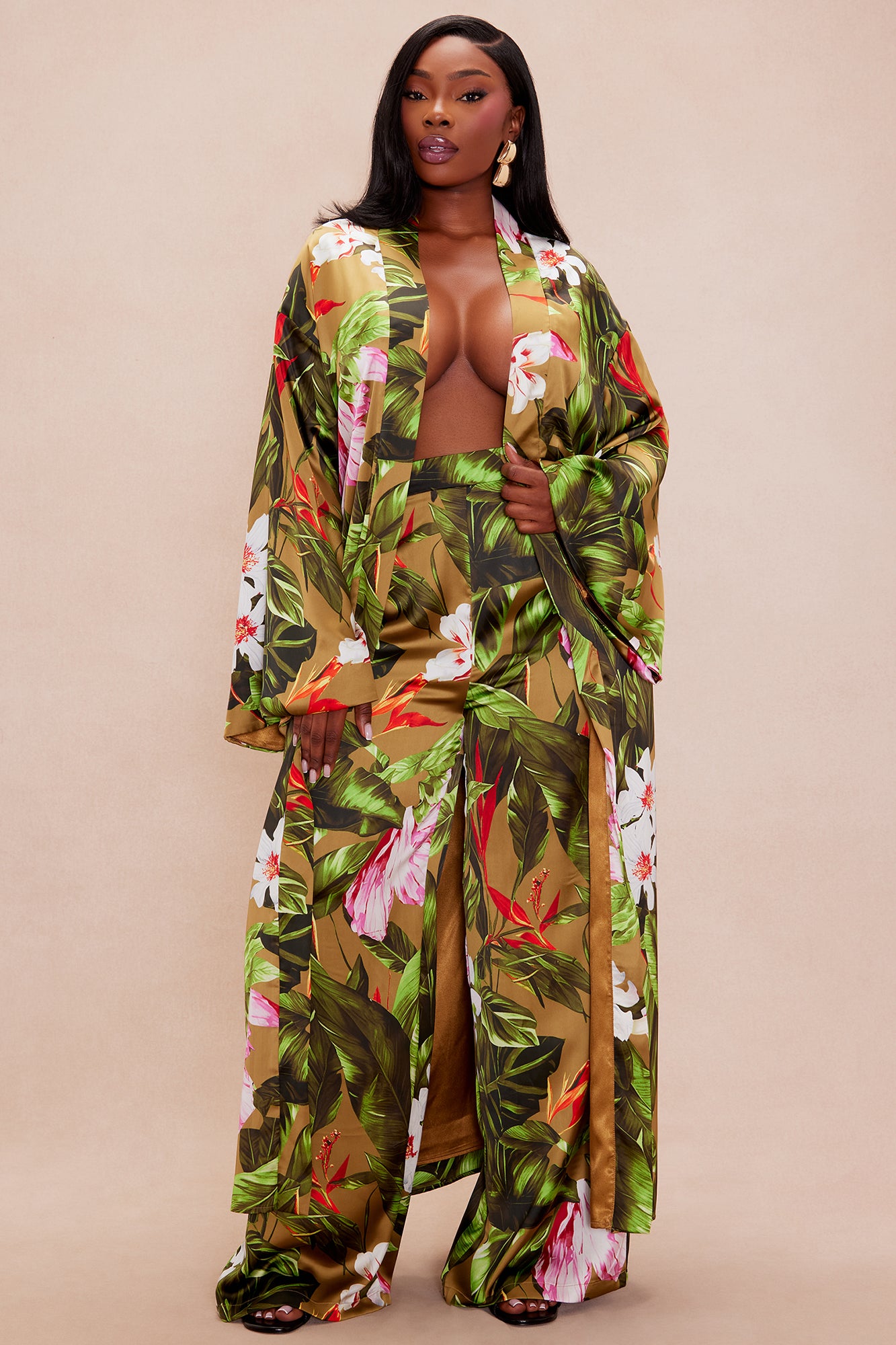 Amazonian Satin Kimono Pant Set - Green/combo - Image 5