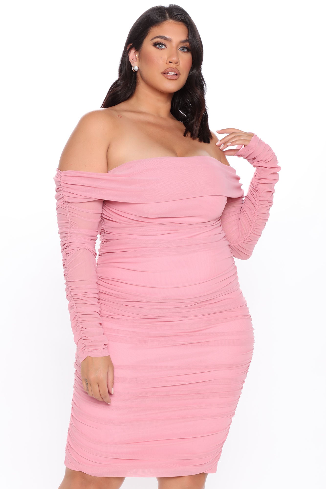 Ready In A Ruched Off Shoulder Midi Dress - Pink - Image 8
